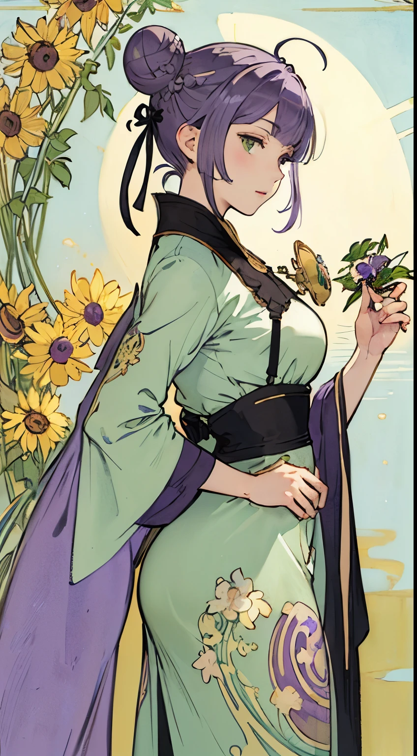 ((Best Quality)), (((masuter piece)))、Solo、Perfect face,(((Violet hair)))、faded green eyes、(bobhair)、short-hair、(((two bun hairstyle)))、Ahoge、(((Black Neeso)))、full bodyesbian、classic western costume、Sun flower accessories、瞳に☆の形の模様がある、Sun flower、((Mucha's paintings)),Decorative background