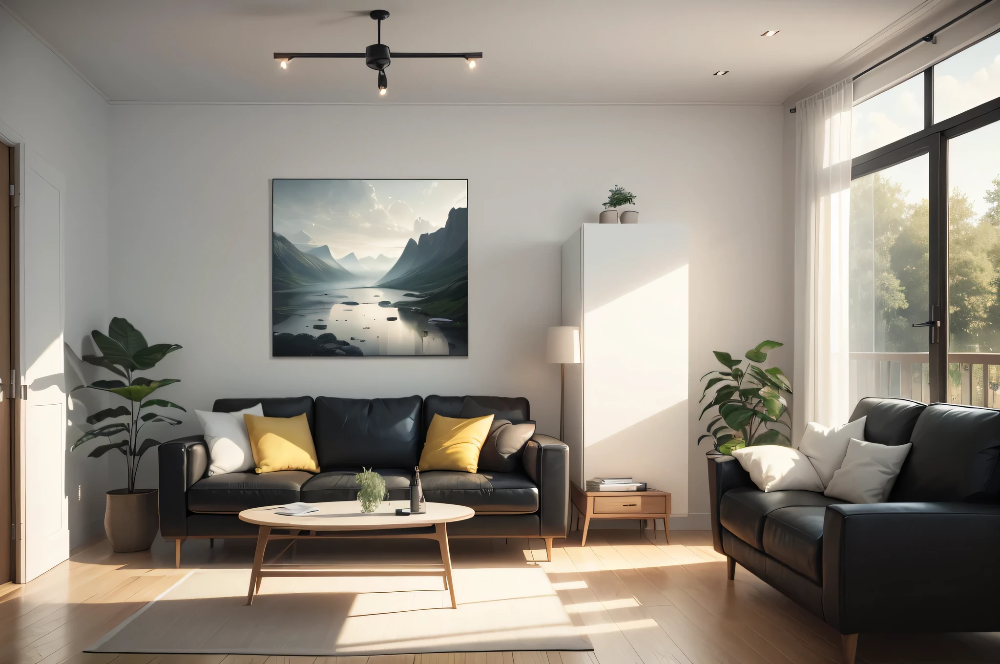 very minimalistic and modern living room with white furnitures, white sofa, chairs, table and one big artwork of a landscape on the main wall.