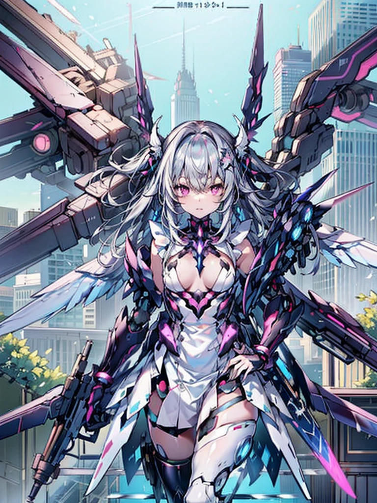 illustratio、((1girl in))、silber hair、length hair、Floating hair、、Cyber City、Neon building、(The upper part of the body:1.05)、extremely_Detailed_Eyes_And_Face,cybernetic wings mechanical wings、Random posture、Skyscraper、、Mechumusume、shrine maiden clothe,maid clothes、Random angles、anime styled,cowboy shot
