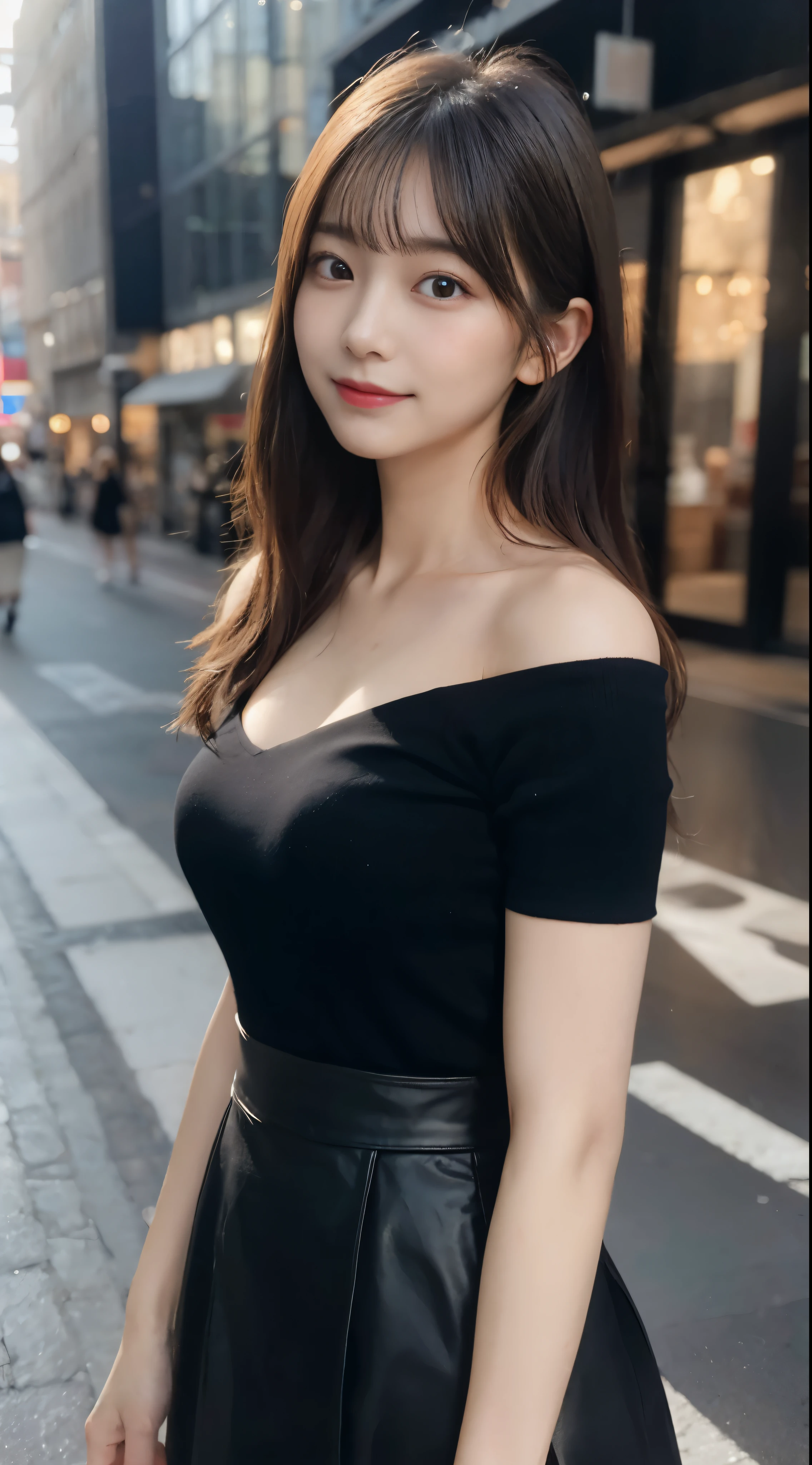 randome pose, mix4, (8K, Raw photography, top-quality, ​masterpiece: 1.45), (realisitic, Photorealsitic: 1.37), 一人のgirl with, cute little, A smile、Cityscape, natta, profetional lighting, cafes,Street,photon maping, Radio City, physically-based renderingt, Gradient black hair, white  hair, Semi-long loose hair,gals,a handsome, girl with, large full breasts,off shoulders, Tight clothes,Onepiece,Tight skirt,top-qualityの, hight resolution, 1080p, (clearface), (Detailed face description), (Detailed hand description), (​masterpiece), 逼真, extreme light and shadows, dishevled hair, ​masterpiece, lush detail, (Fine facial features), (Highest Quality Photos), (​masterpiece), (finely eye), dual、Look in front of you, Fine clavicle,Emphasis on the armpits、Show lower milk