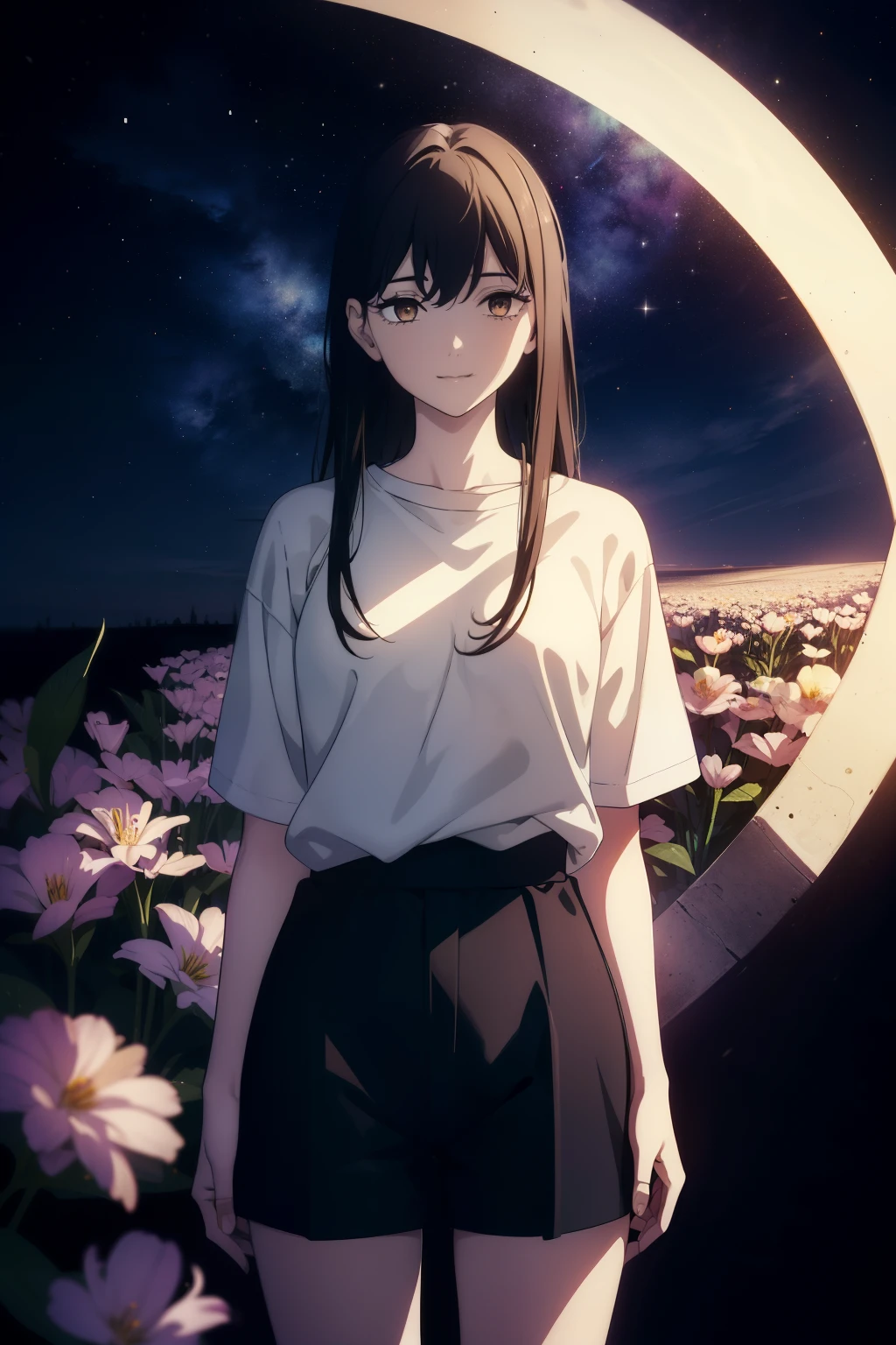((((Obra maestra, La mejor calidad, ultrahigh resolution)))), 1girl, standing, (baggy white t-shirt, loose fitting blue shorts, long back hair, long dark black hair, pale skin, ((shining brown eyes)), ((ultra detailed eyes:1, beautiful and detailed face, detailed eyes:0.5)), (centered), smile, (wide shot), facing viewer, (((vibrant background of outside, ??? flowers, bright lighting, darkness)), flat chested, ((looking at viewer)), ((half closed eyes)), ((perfect hands)), ((head:1, hips, elbows, arms, in view)), empty eyes, beautiful lighting, defined subject, 25 years old, ((a very cool image)), ((photoshoot))