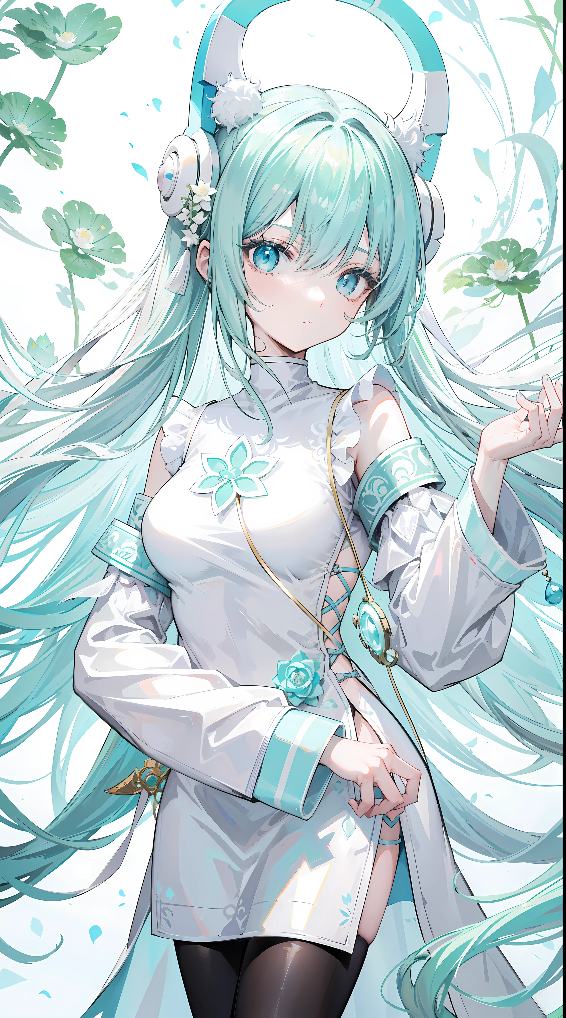 Light pink green long hair,Light blue eyeband and white lotus turtleneck,Black and white clothes,Cool and cute