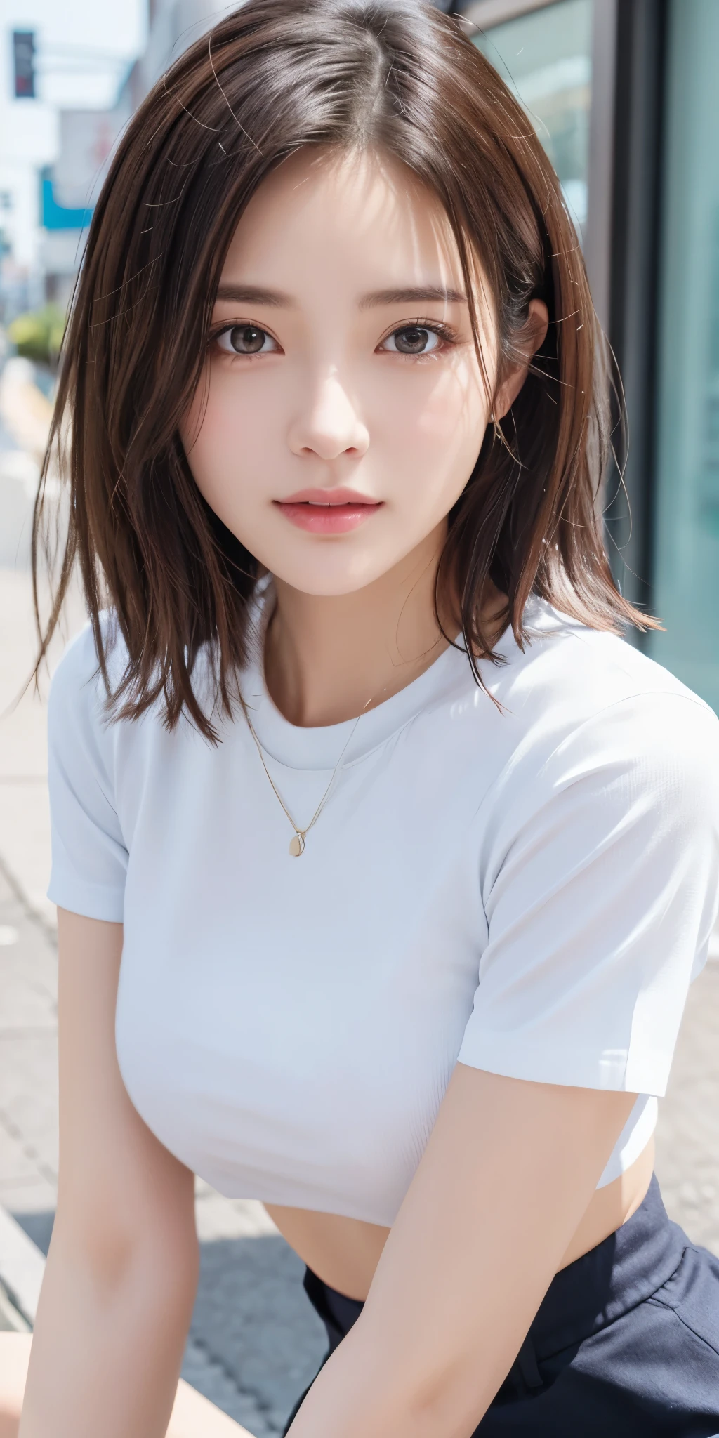 (top-quality、16K resolution)1人、独奏、natural soft light、small tits、A Japanese Lady、Looking at the camera、white t-shirts、Concrete background、Facing the front、is standing、bobhair、Woman in her late teens、Light bangs、short-hair、Salon model、Natural look、portlate、floated hair、Rolled hair