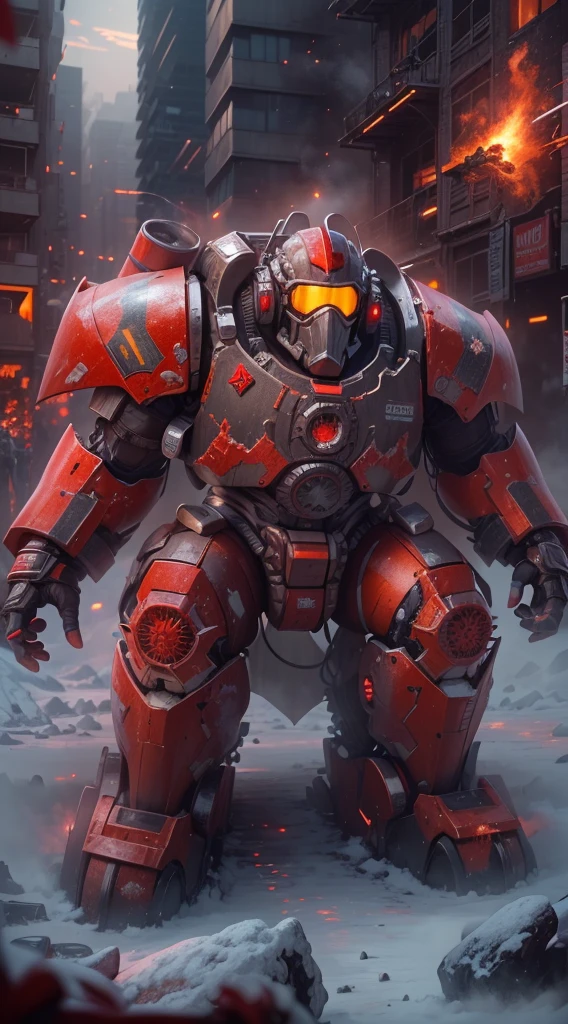 Warhammer 40K universe cybernetic santa claus,Mechanical suit of red and gold armor,sparkly red color sunglasses,Intense war-like environment,Destroyed buildings and flames,The background is a futuristic cityscape,Radar integrated in Santa hat,severe and threatening atmosphere,Sci-fi cyberpunk aesthetics,High contrast and desaturated tones,Dramatic and dynamic lighting effec quality,4k,highres,masterpiece:1.2),ultra-detailed,(realistic,photorealistic,photo-realistic:1.37)