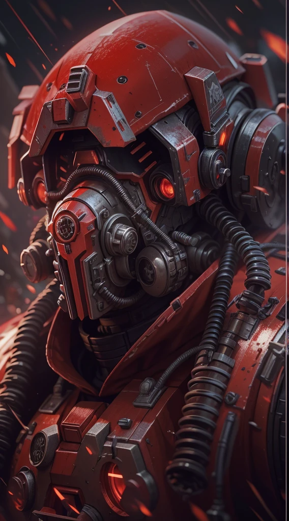 Warhammer 40K universe cybernetic santa claus,Mechanical suit of red and gold armor,sparkly red color sunglasses,Intense war-like environment,Destroyed buildings and flames,The background is a futuristic cityscape,Radar integrated in Santa hat,severe and threatening atmosphere,Sci-fi cyberpunk aesthetics,High contrast and desaturated tones,Dramatic and dynamic lighting effec quality,4k,highres,masterpiece:1.2),ultra-detailed,(realistic,photorealistic,photo-realistic:1.37)
