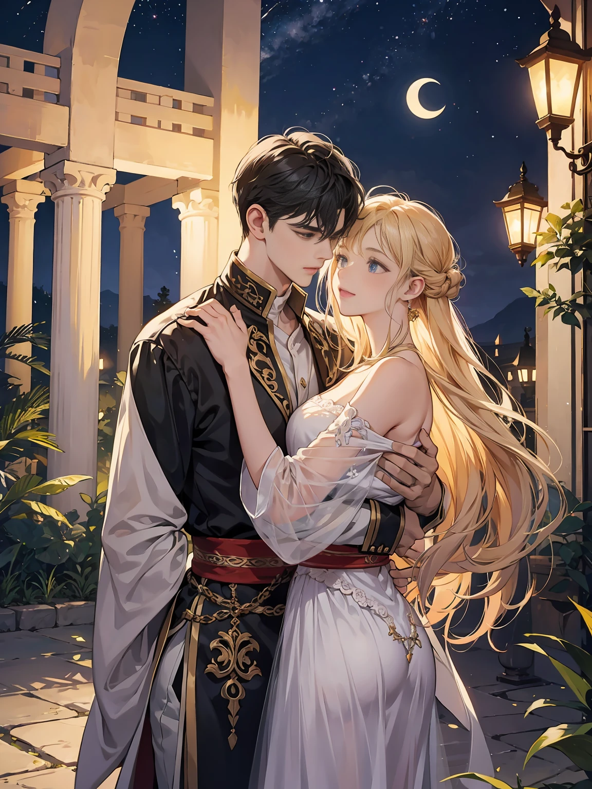 A romantic villa with an atmosphere reminiscent of the Arabian Nights.、There is a garden with luxurious decorations and roses.。ina、Rin々A tall young man and a cute  girl are happily hugging each other.。pure、A crescent moon and a galaxy shine in the night sky.、The golden landscape of the desert is spreading。A lyrical scene is spreading throughout.。