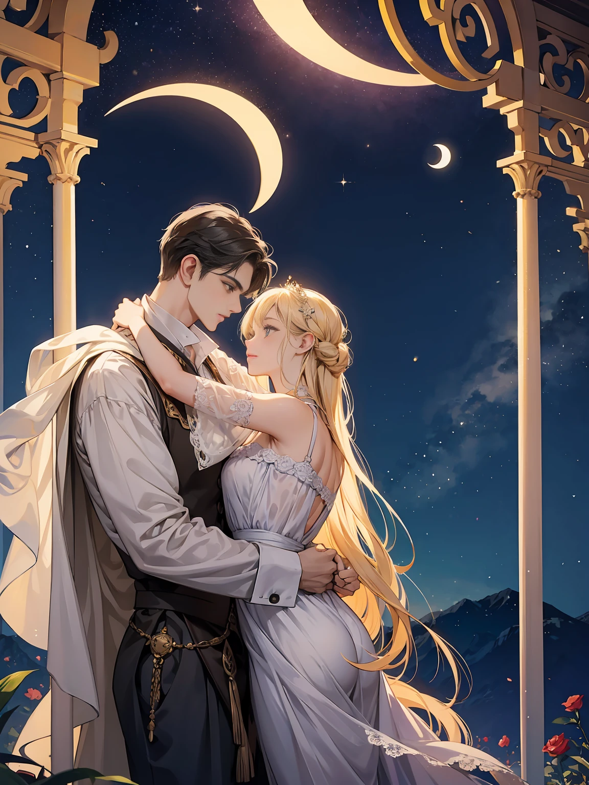 A romantic villa with an atmosphere reminiscent of the Arabian Nights.、There is a garden with luxurious decorations and roses.。ina、Rin々A tall young man and a cute little girl are happily hugging each other.。pure、A crescent moon and a galaxy shine in the night sky.、The golden landscape of the desert is spreading。A lyrical scene is spreading throughout.。