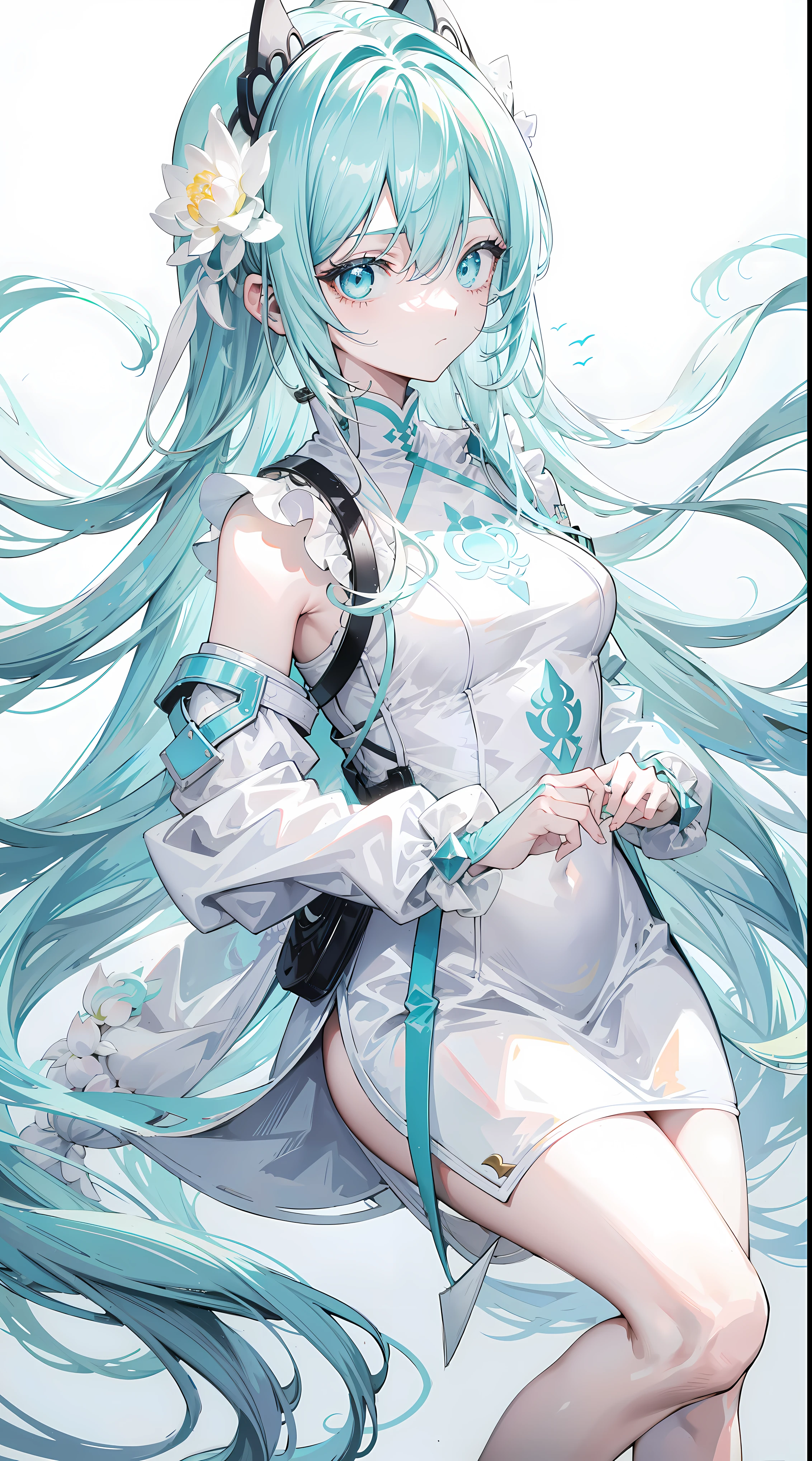 Light pink green long hair,Light blue eyeband and white lotus turtleneck,Black and white clothes,Cool and cute