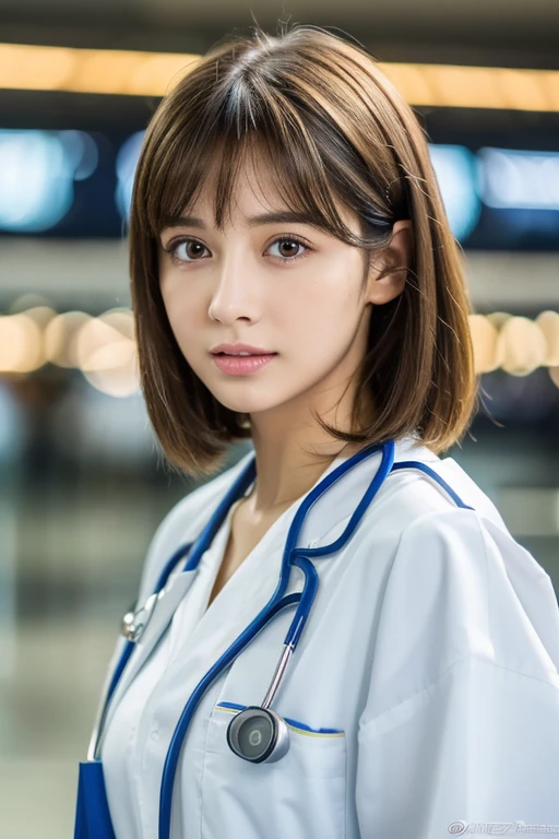 (airport:1), afternoon, (doctor gown:1), bright brown fringe short hair, light brown eyes, 1girl, 20 years old, innocent, (photorealistic), (intricate details:1.2),(masterpiece, :1.3),(best quality:1.4), (ultra highres:1.2), ultra high res, (detailed eyes), (detailed facial features), HDR, 8k resolution, (lens flare:0.7), turn around, busy on examine report, face viewer