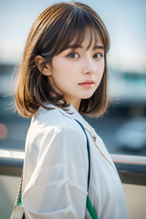 (airport:1), afternoon, (doctor gown:1), bright brown fringe short hair, light brown eyes, 1girl, 20 years old, innocent, (photorealistic), (intricate details:1.2),(masterpiece, :1.3),(best quality:1.4), (ultra highres:1.2), ultra high res, (detailed eyes), (detailed facial features), HDR, 8k resolution, (lens flare:0.7), turn around, busy on examine report, face viewer