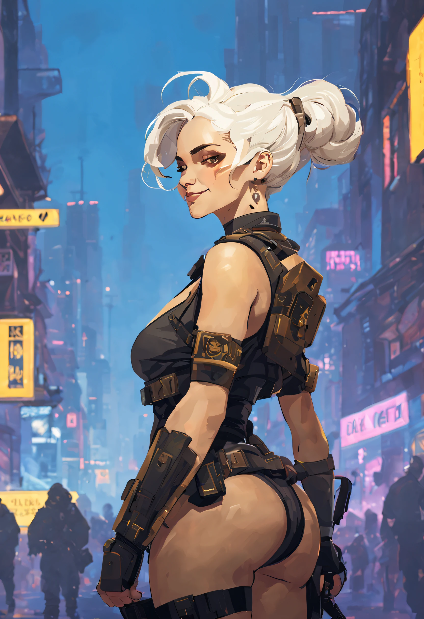 best quality, masterpiece, cyberpunk 1girl, (solo:1.1), ultra detailed,detailed face, 8k wallpaper, platinum white hair in a bun, wide hips, smile, military female soldier with gear of war, city background, smoke and rubbles, by gustav klimt , art neuveau, atey ghailan, by greg rutkowski, by greg tocchini, by james gilleard, by joe fenton, by kaethe butcher, gradient yellow, black, brown and blue color scheme