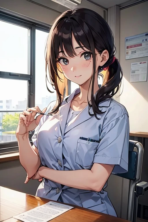 highest quality、complete limbs、full finger、black haired woman、Very Shorthair Woman、Beauty busty woman:1.3、(A woman wearing a pink nurse costume)、big smile、woman wearing black tights、A woman wearing a nurse&#39;s hat、hospital、hospital room、naughty atmosphere、Lustrous smile、Slut