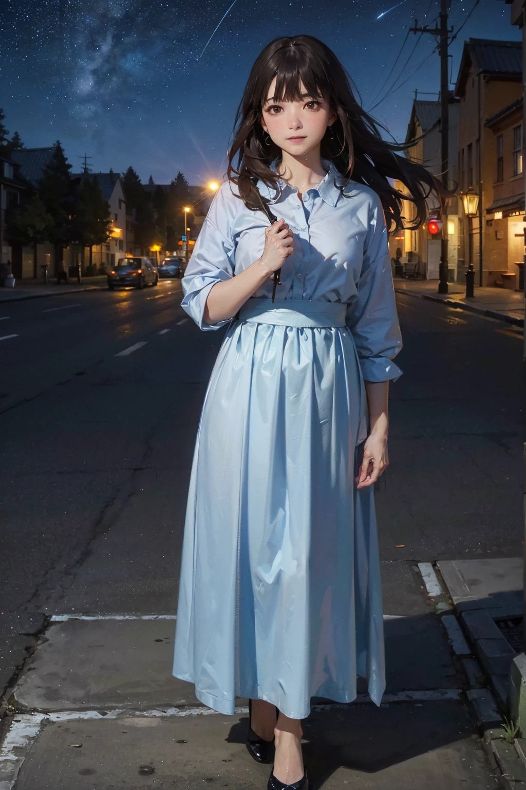 (FULL BODYSHOT、an oil painting、masterpiece、top-quality、hight resolution、Dark hair、Super long hair、Bangs are aligned、Good mood、Blue shirt、Long long skirt、Sweaty skin、night sky full of stars、Thick、I can see the lighthouse、On a street corner in Finland、mapped buildings、crouching down