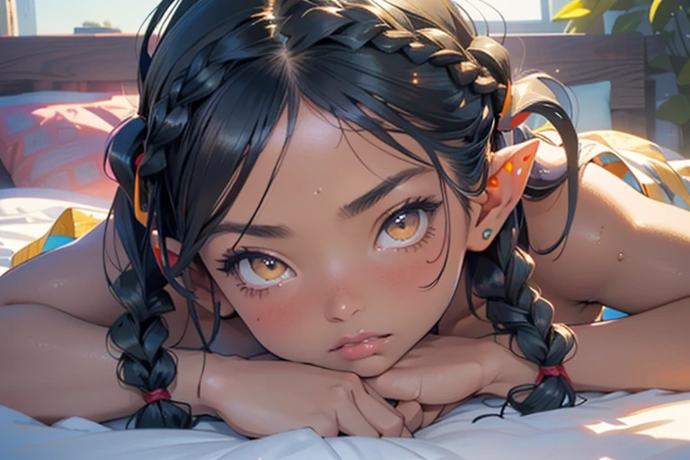 Cute loli elf,(((Little loli,tiny Little body,Little))),(((6 years old))),((anime elf loli with extremely Cute and beautiful aqua hair)), (((elf,elf ears))),
((lesbian,Yuri)),(((flat chest))),((((aqua hair:1.35,long braid aqua,Colored inner hair,Ear breathing)))),(((yellow_Eyes:1.3))),Convoluted Eyes,beautiful detailed Eyes,symmetrical Eyes,big Eyes:1.5,(((Brown-skinned:1.4,Dark skin,Dark_skin,lustrous skin:1.5,bright skin: 1.5,skin tanned,shiny skin,very shiny skin,Shiny body,plastic glitter skin,exaggerated shiny skin,illuminated skin))),(Detailed body,(Detailed face)),
Cute,sluttish,Erotic,boldness,(((NSFW))),
((Aztec tribal queen with tribal prints and patterns theme, Mesoamerica, Mexica),barechested,show skin,(barechested体),((All nude、)),
(Dynamic Pose:1.0),embarrassed,(Centered,scale to fit the dimensions,thirds rule),
((Morning Bedroom,)), with Dark stormy cloudeach scenery,Convoluted scenery)),(lie on the bed and look at me)
(光沢のあるbarechested),hight resolution,Sharp Focus,(ultra-detailliert,Extremely detailed),(Photorealistic artwork:1.37),(Extremely detailed CG unity 8k wallpaper),(((Vibrant colors,Vibrant themes))),(Convoluted),(masutepiece),(Best Quality),the whole、sexypose