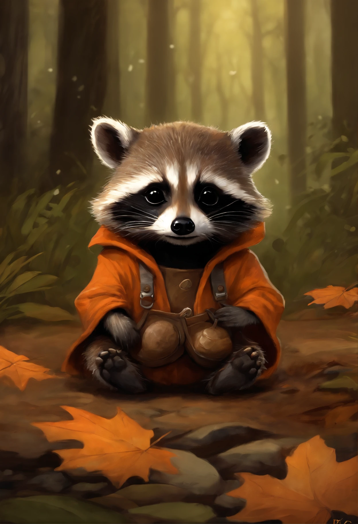 真实感, dark fantasy style, John Tolkien style, Small painting by Jean-Baptiste Monge,   Portrait of the cutest illustration of a little raccoon in an orange jumpsuit, holding an acorn in its paws, Artstation, ...CGI_Animation, small raccoon in orange overalls and overalls, walks through the autumn forest,   puddles after recent rain, adorable digital painting, rob rey, Anthropomorphic baby raccoon, based on Jean-Leon Gerome, inspired by Johannes Helgeson, portrait of a gnome called eldon, Jean Baptiste monge, jean - baptiste monge, Brian Despin Jean-Baptiste Monge, anthropomorphic --ar 2:3 --testp -optimistic;