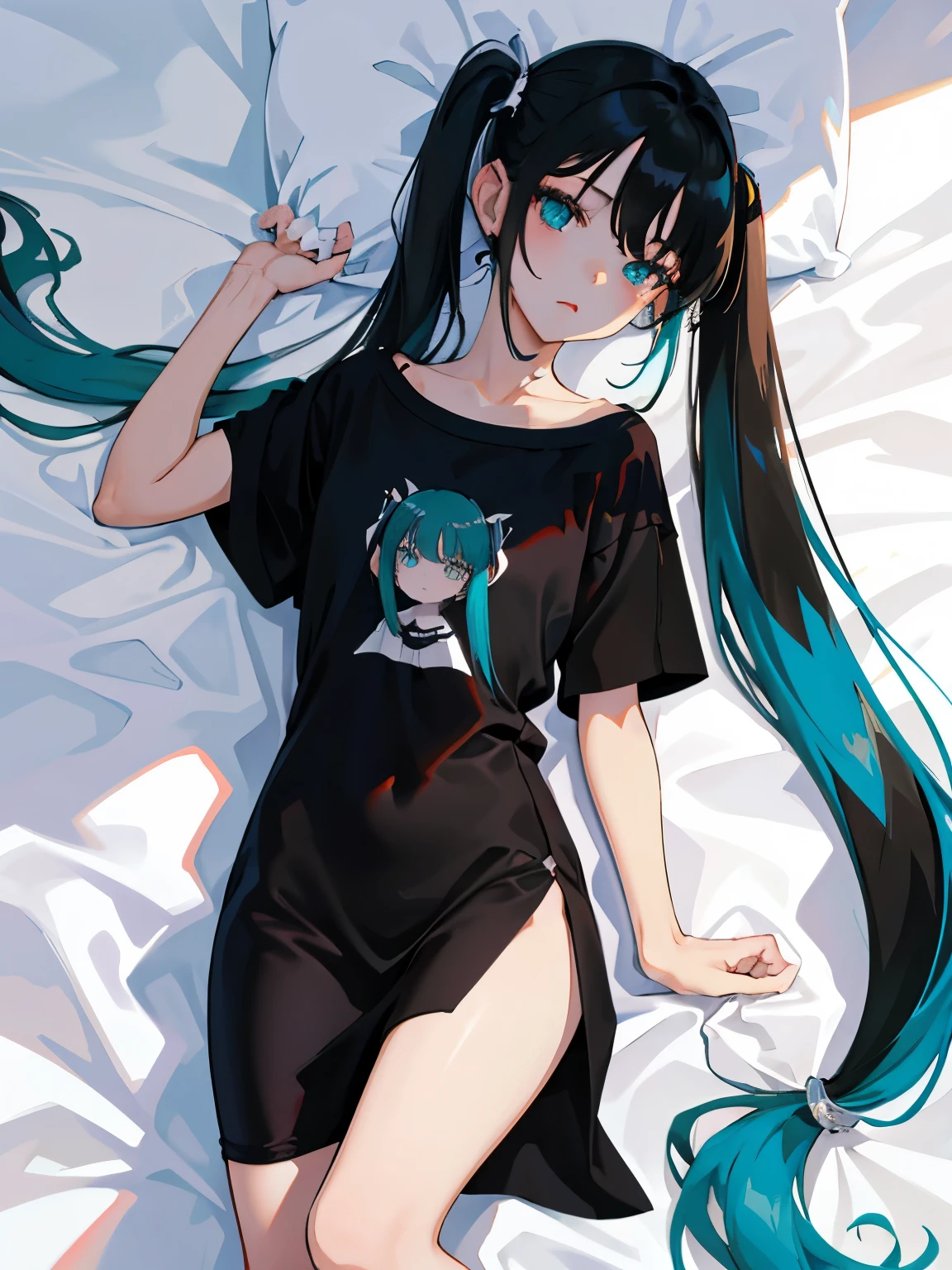 (masterpiece,Highest Quality),(child),((Long T-shirt,Thin dress)),(A dark-haired,long twintail),Turquoise eyes,sleepy expression,Delicate body