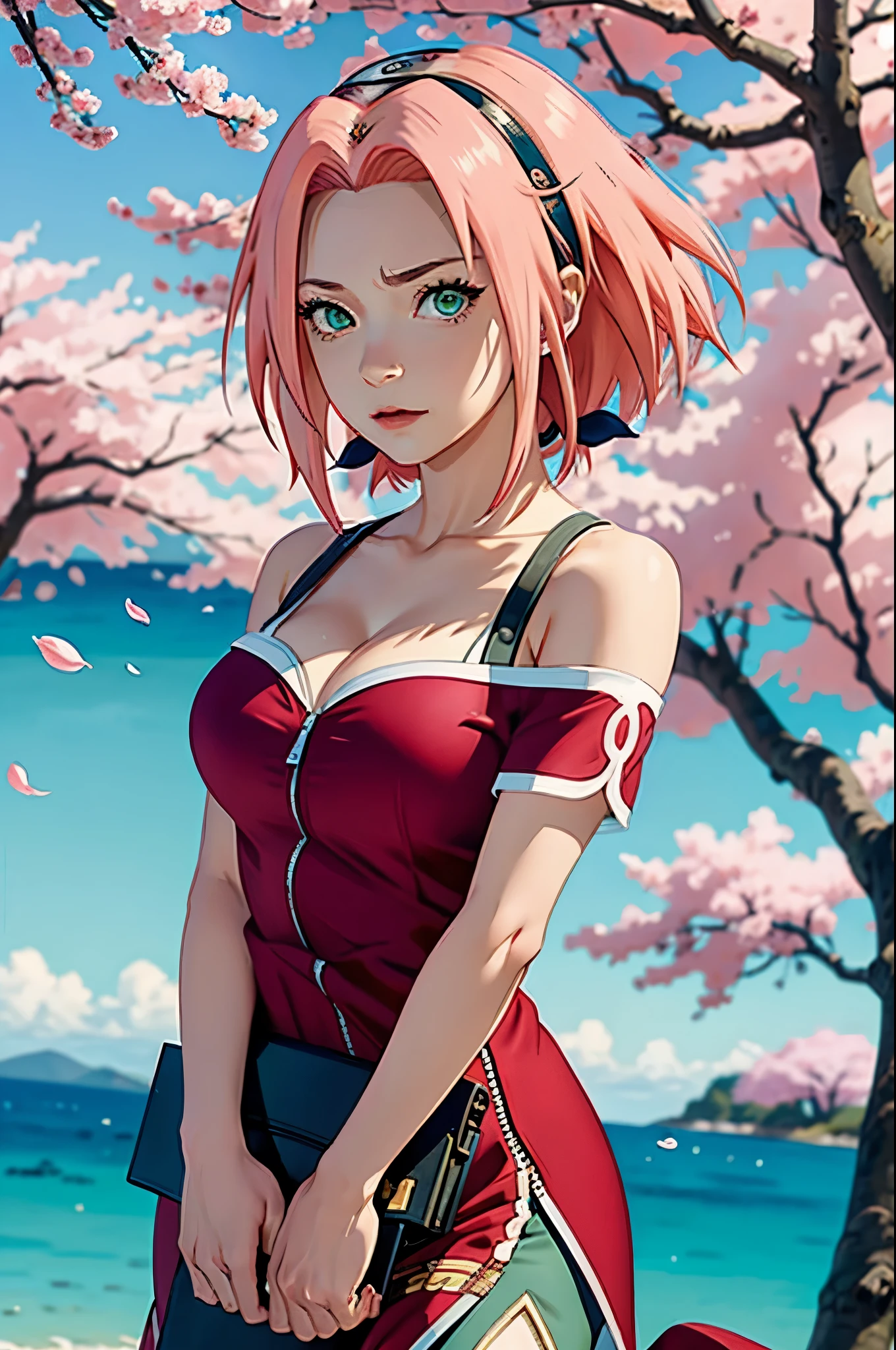 angry, tmasterpiece, Best quality at best, 1girll, Sakura Haruno, Large breasts,Off-the-shoulder attire,(cleavage),(upperbody closeup),Raised sexy,is shy,ssmile,with pink hair, long whitr hair, (Green eyeballs:1.4), Forehead protection, the cherry trees,Cherry blossoms flying,Red clothes,Zipper half
