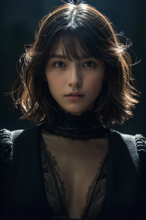 1girl, 175cm,Japanese model ,27 years old, Soft body, Jet black medium-short hair, Wavy hair, Upper half body, ((Head to belly)) ,Close-up, 8K, RAW photo, Best quality, Masterpiece, Realistic, photo-realistic, Cute(Front focus), (In the dark:1.6), Surrealistic Female Portraits by David Hockney and Alphonse Mucha, Fantasy art, photograph realistic, Dynamic lighting, art stations, poster for, volumetric lighting, Very detailed faces, 4 k'', Award-Awarded, , In the dark, deepshadow, low tune, knit wear, (official outfit:1.4),