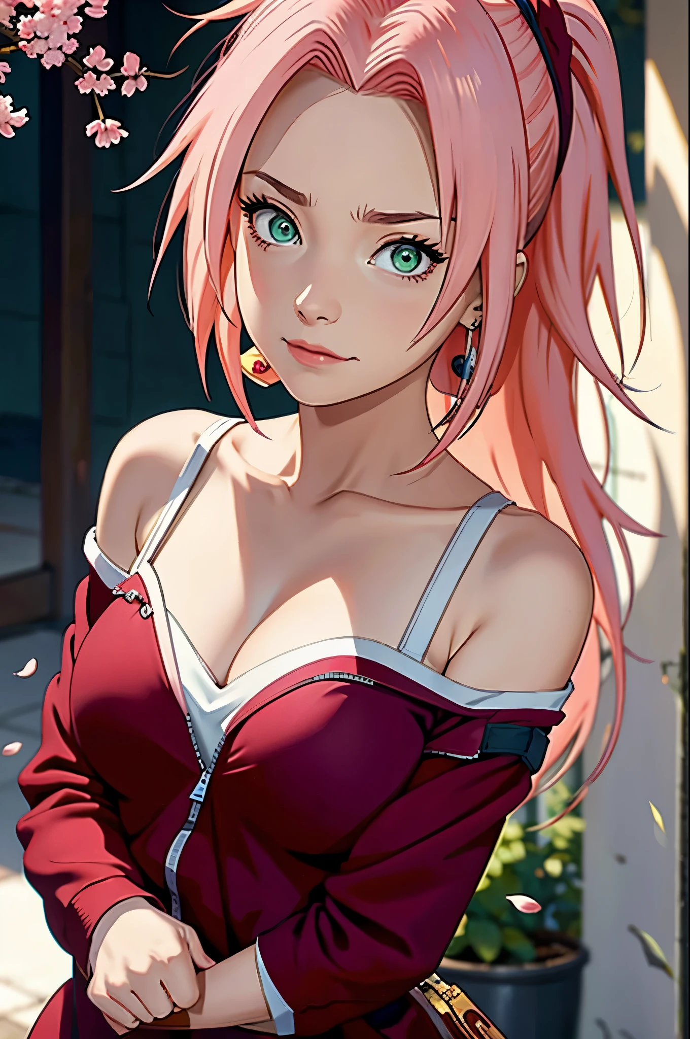 angry, tmasterpiece, Best quality at best, 1girll, Sakura Haruno, Large breasts,Off-the-shoulder attire,(cleavage),(upperbody closeup),Raised sexy,is shy,ssmile,with pink hair, long whitr hair, (Green eyeballs:1.4), Forehead protection, the cherry trees,Cherry blossoms flying,Red clothes,Zipper half