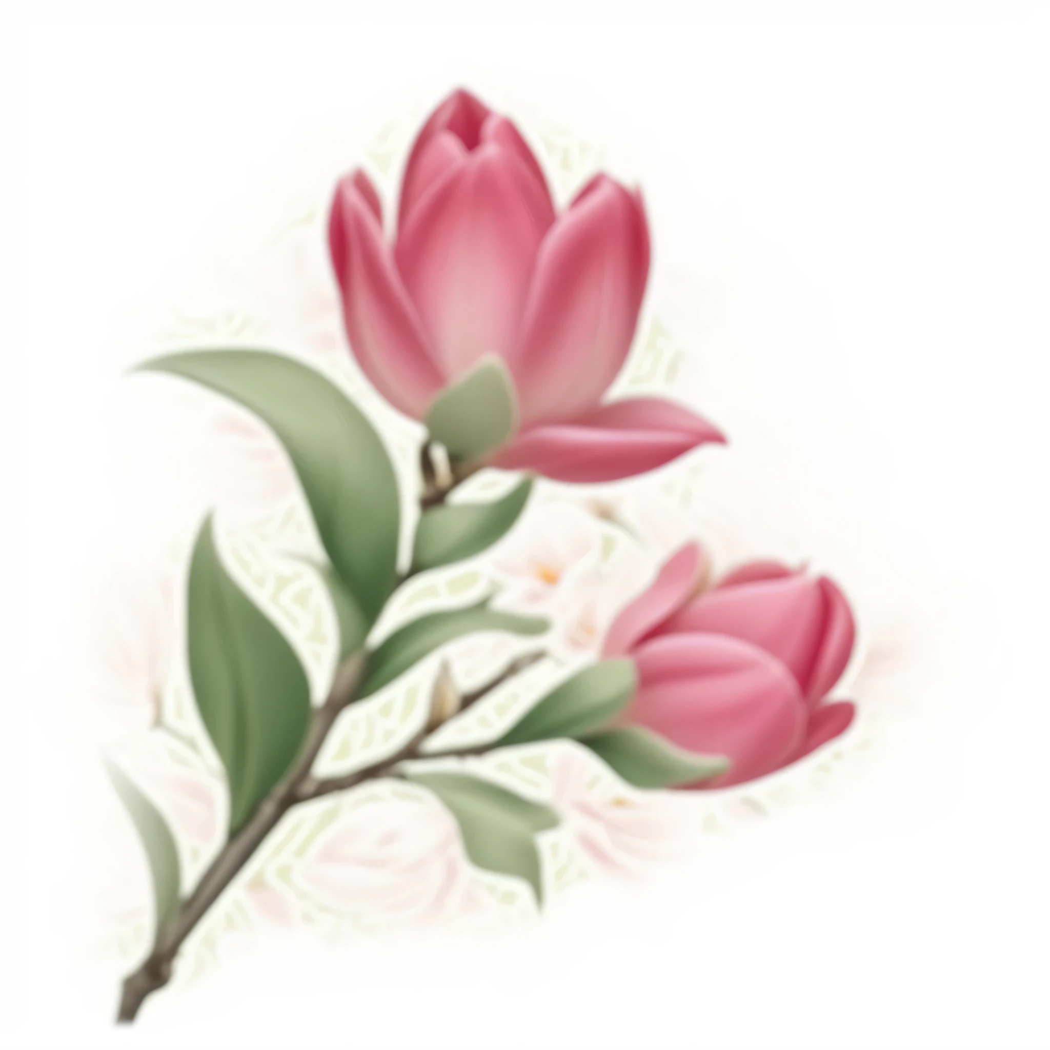 two pink flowers with green leaves on a white background, pink flowers, pink flower, magnolia, botanical, flower motif, flower, by Ju Lian, tulip, depicting a flower, high detailed), magnolias, floral, by Liao Chi-chun, artists rendition, by Tsuji Kakō, awe-inspiring, awe - inspiring, [ organic