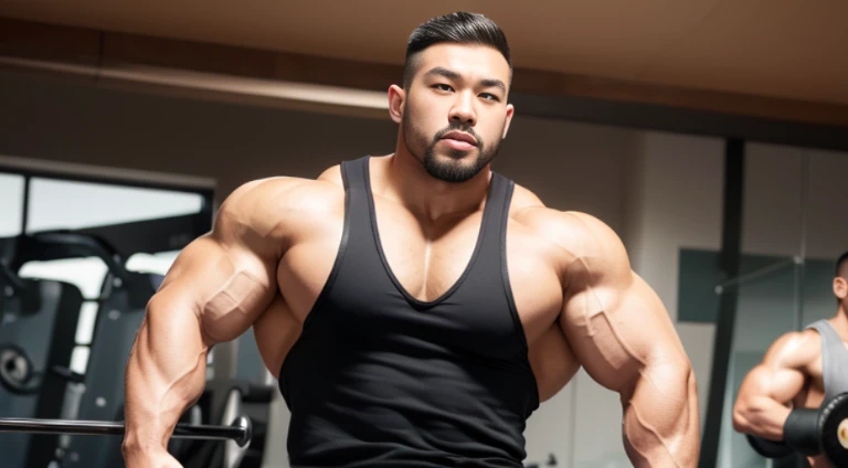 (Very detailed 8k wallpaper), two asian men, muscle worship, arms folded, At the gym, high detailing, buzzcut, very large and strong body, bulging muscles, well-muscled, very large pectoral muscles. Very sexy abs, legs are well-muscledの, Toned figure, lightens oily skin, well-muscledの, Tank top, T-shirt, longshot, Wide Shot
