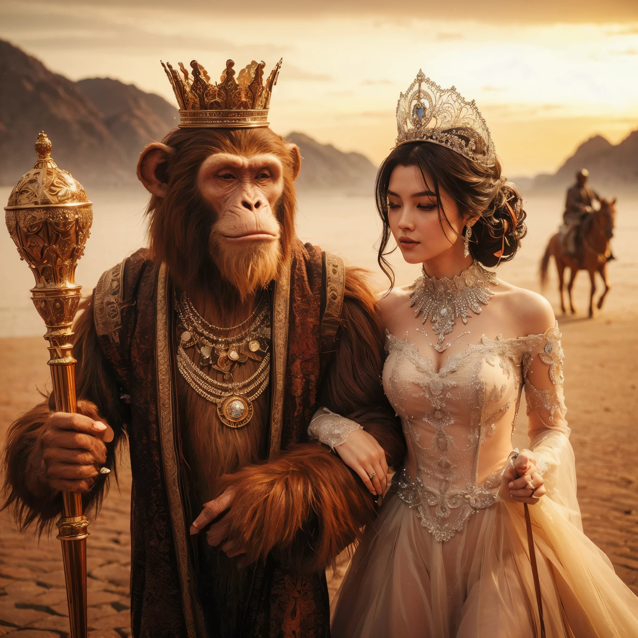 arafed woman in a wedding dress and a monkey in a crown, queen and ruler of the universe, humanoid monkey fantasy race, beautiful animal pearl queen, fantasy photography, still from a fantasy movie, fantasy art behance, by Alexander Kucharsky, elegant cinematic fantasy art, fantasy style 8 k octane render, fantasy fairytale story, michael cheval (unreal engine, masterpiece, best quality:1.2),,(8k,highres,RAW photo,realistic,photo-realistic:1.3),(detailed skin texture,detailed cloth texture,beautiful detailed face:1.25),professional lighting,photon mapping,beautiful soft light,radiosity,physically-based rendering,raytracing, model shoot style, model shoot style, (extremely detailed CG unity 8k wallpaper), full shot body photo of the most beautiful artwork in the world,