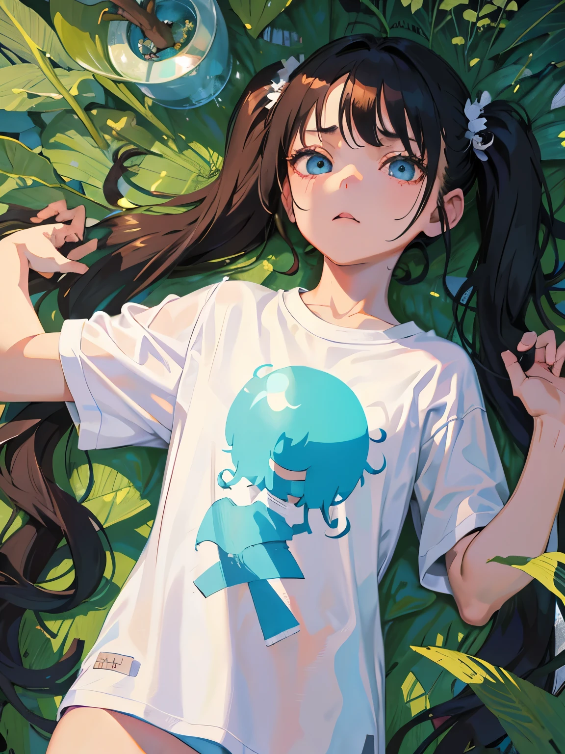 (masterpiece,Highest Quality),(child),((Long white T-shirt,Thin dress)),(A dark-haired,Long ponytail),Turquoise eyes,sleepy expression,Delicate body