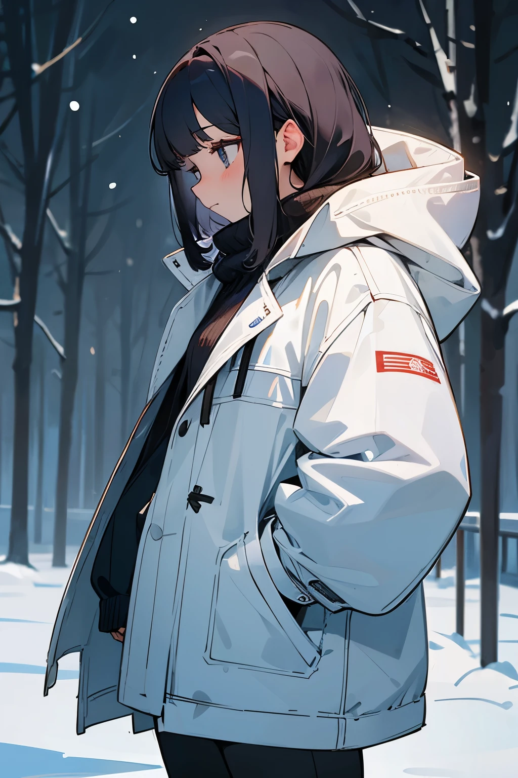 ((masterpiece)), (best qualtiy), Medium Shot, (super detailed), 1girl, cute teenage girl, white large coat, dead eyes, hands in a pocket, winter day, (Silence Atmosphere), snowing