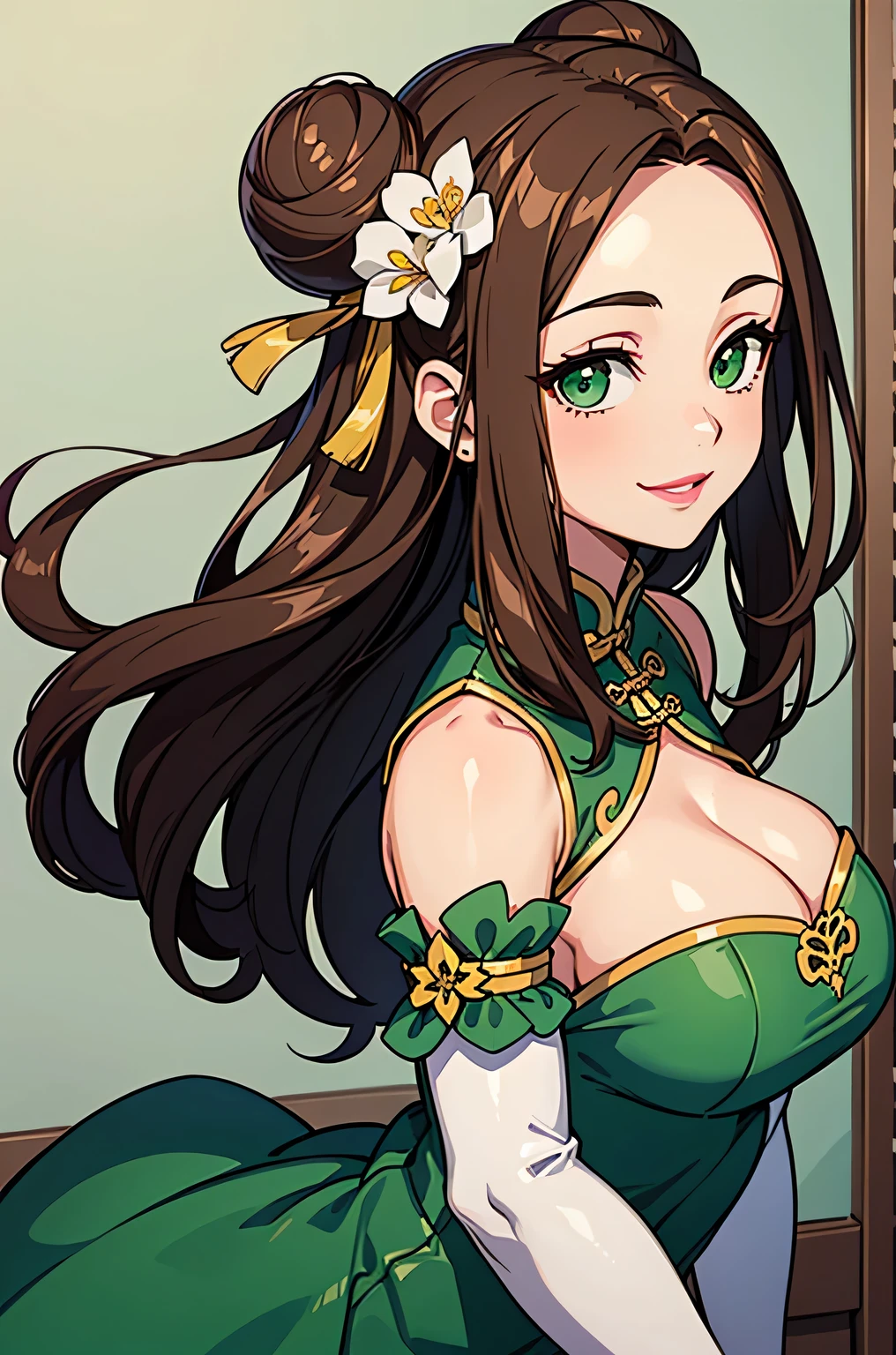 1girl, long hair, forehead, swept back hair, double bun, flower hair ornament, brown hair, green eyes, pink lips, smile, sleeveless dress, green dress, white elbow gloves, 20 years old, large breasts, chinese palace, best quality, masterpiece