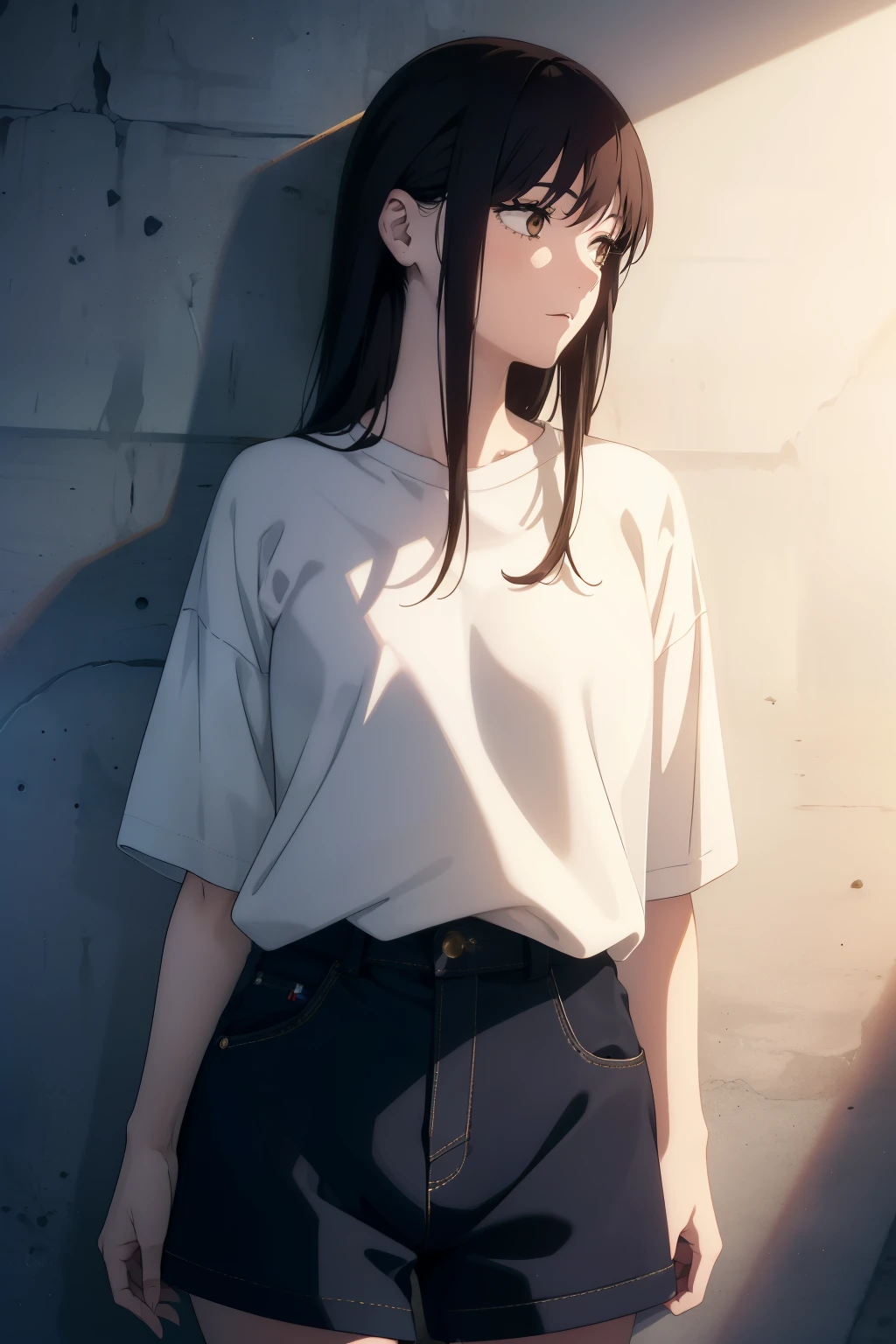 ((((Obra maestra, La mejor calidad, ultrahigh resolution)))), 1girl, standing, (baggy white t-shirt, loose fitting blue shorts, long back hair, long dark black hair, pale skin, ((shining brown eyes)), ((ultra detailed eyes:1, beautiful and detailed face, detailed eyes:0.5))