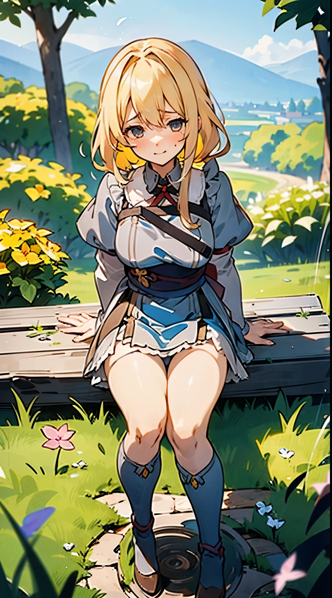 anime styled, The ultra -The high-definition, alice in the wonderland, Super cute girl, ((a blond:1.4)), ((Long:1.4)), shame, Shyness is a shy smile, Light blue fluttering short dress, frilldの付いた白いエプロンスカートを重ねる, frilld, A large white ribbon is tied in the back around the waist of the dress. , B-cup breasts, Light blue fluttering mini skirt, ハイソックスは爪先から太ももの半ばあたりまである長い白色のknee high, ((knee high:1.4)), and draw the full body, In the forest where bright sunlight shines through, Clothes disheveled and chest exposed, teatsが見えている, ((teats:1.4)), Her skirt is in disarray and her crotch is visible., 股のFemale genitalsが見えている, ((Female genitals:1.4)), Pee, お漏らししてPeeが股から勢いよく出ている, Lying on the ground, lying on one's side, Urine excreted on the ground around the waist wets the ground., ((pissing:1.5)), I'm holding out my hand as if to invite you here, Looking here, Draw a girl from a random direction
