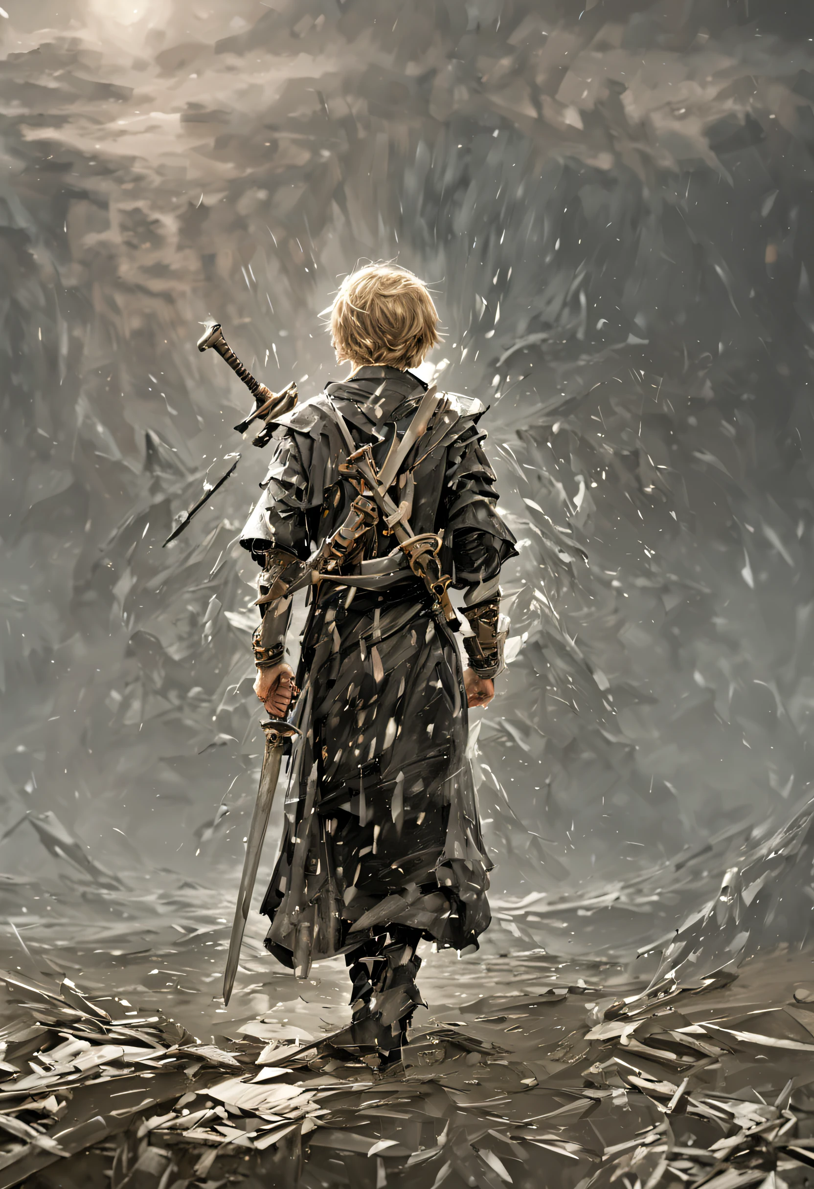 Young boy waving sword，The wind behind me is full of immortality，8K, high detal, hyper-detailing,The scene details are very rich，Clarity is extraordinary, globalillumination.In heavy rain