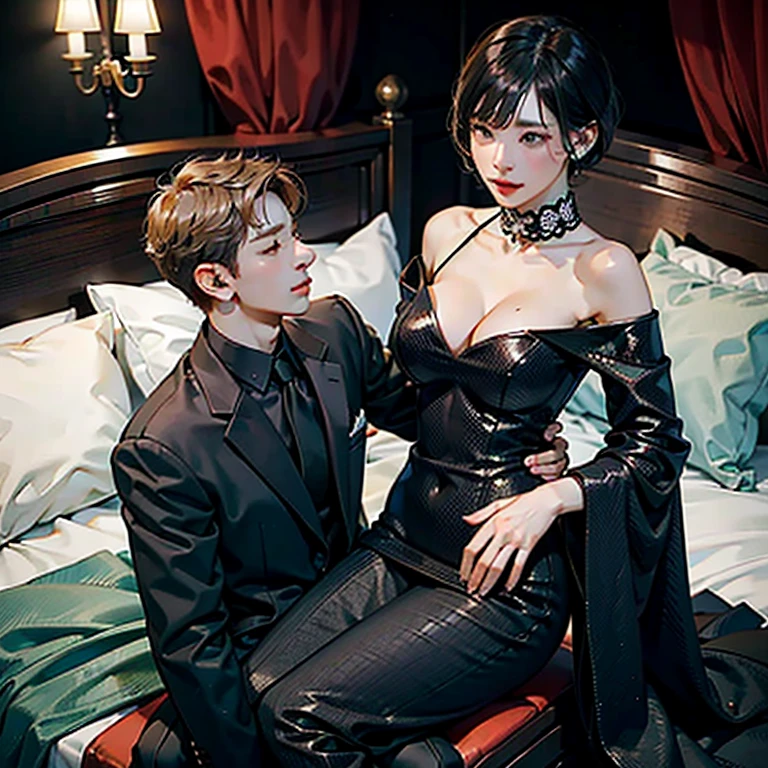 （A high resolution，tmasterpiece：1.2），full bodyesbian，((slender boy：0.7 ) in bed with succubus mistress：1.8)，femdom：1.8，（（Dominating mistress，mistress on top，Mistress Dominating boy, mistress siting on top boy:1.1, mistress chocking neck boy, mistress hung over boy, boy touching crotch mistress:1.8）：1.2）, (mistress mature breasts:1.2, mistress big breasts:0.8, mistress ice blue pixie cut hair) 。（电影灯光）