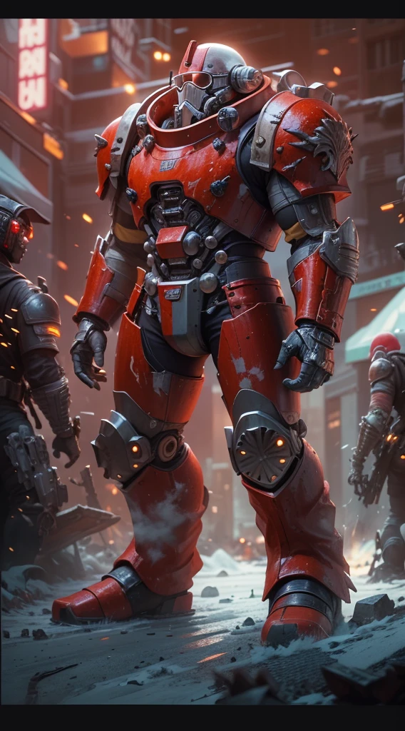 Warhammer 40K universe，cybernetic santa claus，Mechanical suit of red and gold armor，sparkly red color sunglasses，Intense war-like environment，Destroyed buildings and flames，The background is a futuristic cityscape，Radar integrated in Santa hat，severe and threatening atmosphere，Sci-fi cyberpunk aesthetics，High contrast and desaturated tones，Dramatic and dynamic lighting effec quality,4k,highres,masterpiece:1.2),ultra-detailed,(realistic,photorealistic,photo-realistic:1.37)