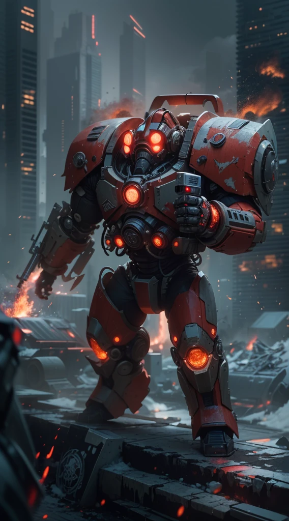 Warhammer 40K universe,cybernetic santa claus,Mechanical suit of red and gold armor,sparkly red color sunglasses,Intense war-like environment,Destroyed buildings and flames,The background is a futuristic cityscape,Radar integrated in Santa hat,severe and threatening atmosphere,Sci-fi cyberpunk aesthetics,High contrast and desaturated tones,Dramatic and dynamic lighting effec quality,4k,highres,masterpiece:1.2),ultra-detailed,(realistic,photorealistic,photo-realistic:1.37)