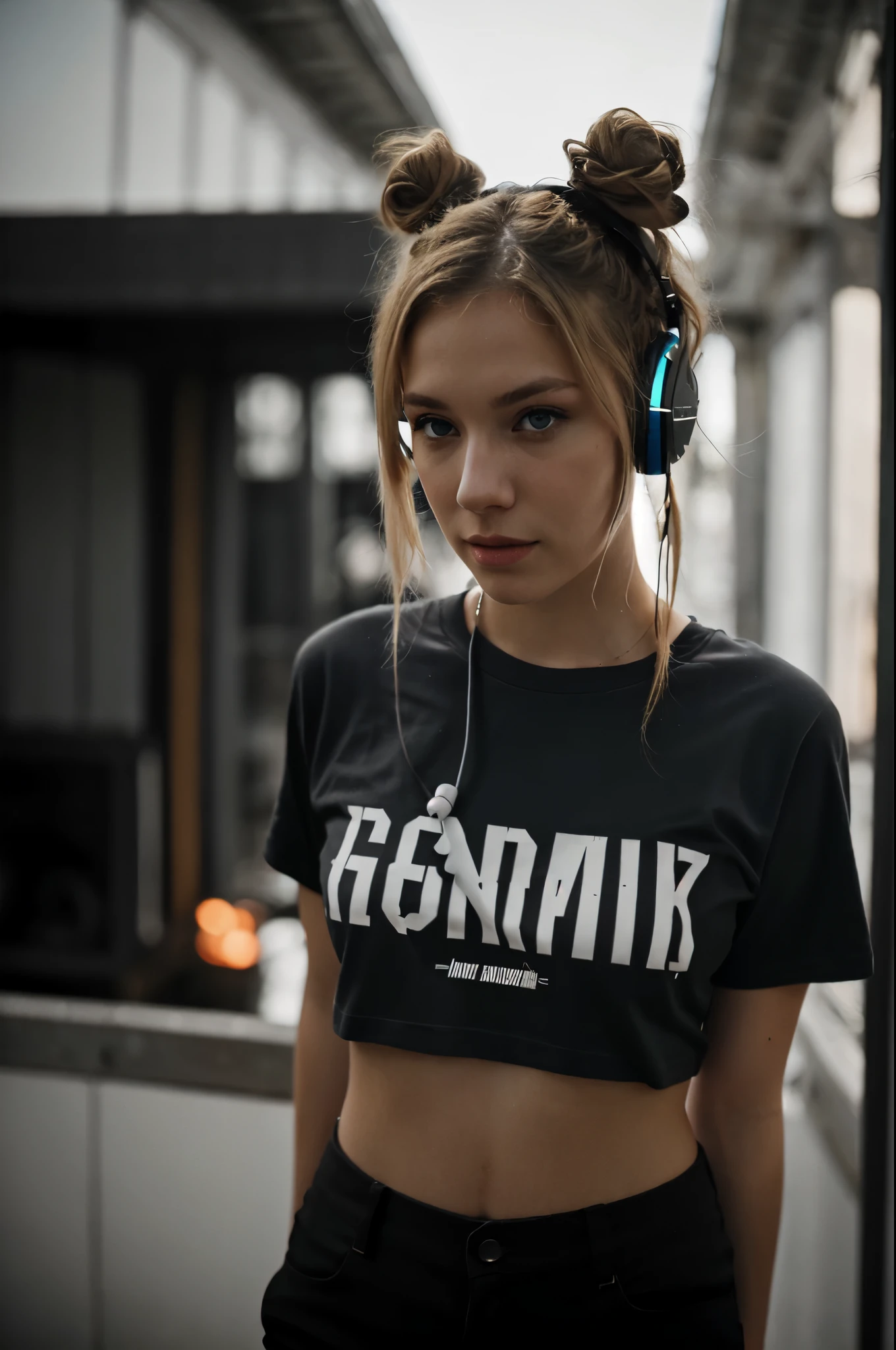 an eye contact of a blond with bun hair and dark theme, wearing t-shirt, hearing music with headphones
