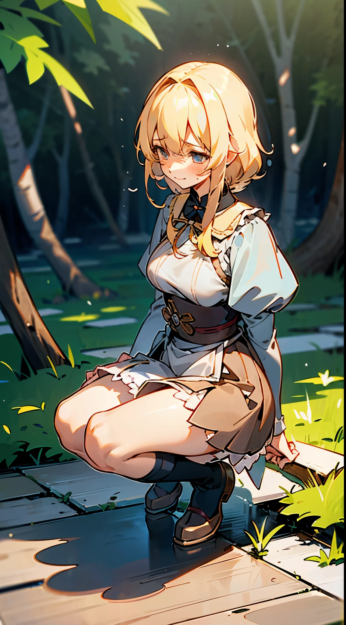 anime styled, The ultra -The high-definition, alice in the wonderland, Super cute girl, ((a blond:1.4)), ((Long:1.4)), shame, Shyness is a shy smile, Light blue fluttering short dress, frilldの付いた白いエプロンスカートを重ねる, frilld, A large white ribbon is tied in the back around the waist of the dress. , B-cup , Light blue fluttering mini skirt, ハイソックスは爪先から太ももの半ばあたりまである長い白色のknee high, ((knee high:1.4)), and draw the full body, In the forest where bright sunlight shines through, Clothes disheveled and  exposed, teatsが見えている, ((teats:1.4)), Her skirt is in disarray and her  is visible., 股のFemale が見えている, ((Female :1.4)), , お漏らししてが股から勢いよく出ている, Lying on the ground, lying on one's side, Urine excreted on the ground around the waist wets the ground., ((:1.5)), I'm holding out my hand as if to invite you here, Looking here, Draw a girl from a random direction