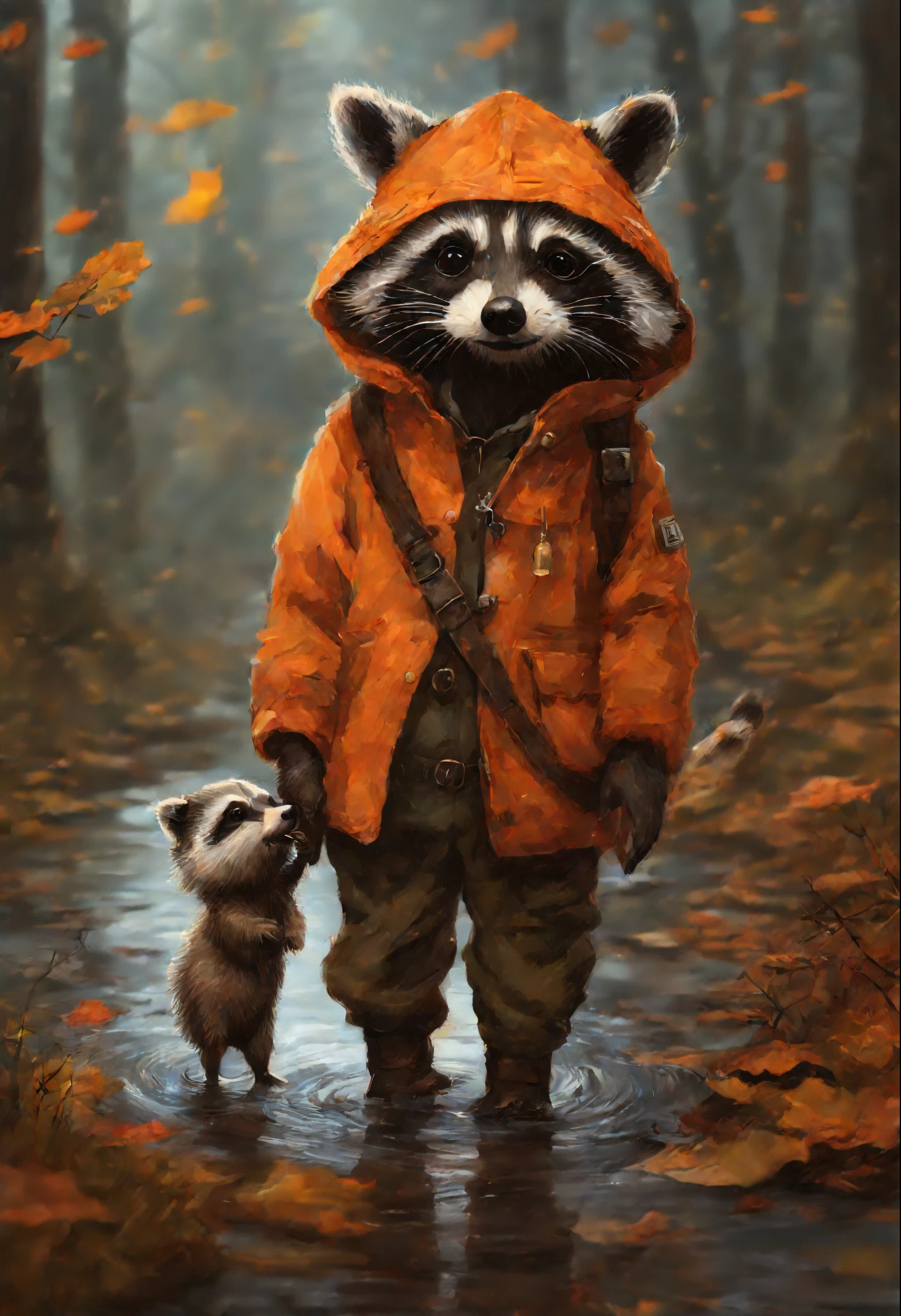 真实感, dark fantasy style, John Tolkien style, Small painting by Jean-Baptiste Monge,   Portrait of the cutest illustration of a little raccoon in an orange overalls holding a nut in its paws (acorn) , Artstation, ..CGI_Animation, small raccoon in orange overalls and overalls, walks through the autumn forest,   puddles after recent rain, adorable digital painting, rob rey, Anthropomorphic baby raccoon, based on Jean-Leon Gerome, inspired by Johannes Helgeson, portrait of a gnome called eldon, Jean Baptiste monge, jean - baptiste monge, Brian Despin Jean-Baptiste Monge, anthropomorphic --ar 2:3 --testp -optimistic;