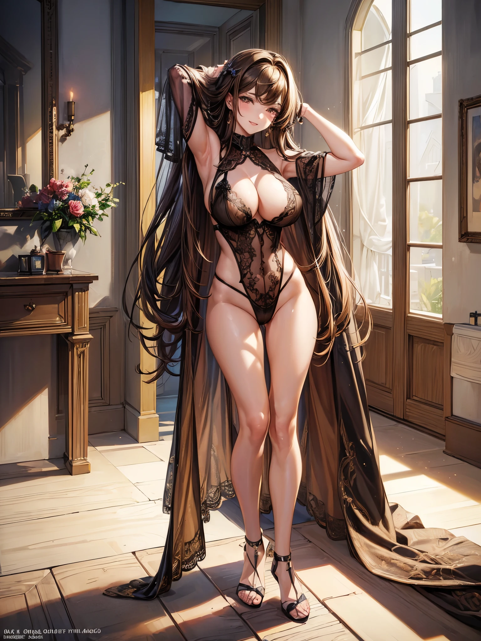 (masterpiece,best quality:1.4),high resolution,super fine illustration,detailed skin,detailed face,detailed eyes,1girl,brown hair,medium hair,straight hair,asymmetrical bangs,smile,glamor,large breasts,lingerie,in shower room,full body shot,armpits,natural lighting