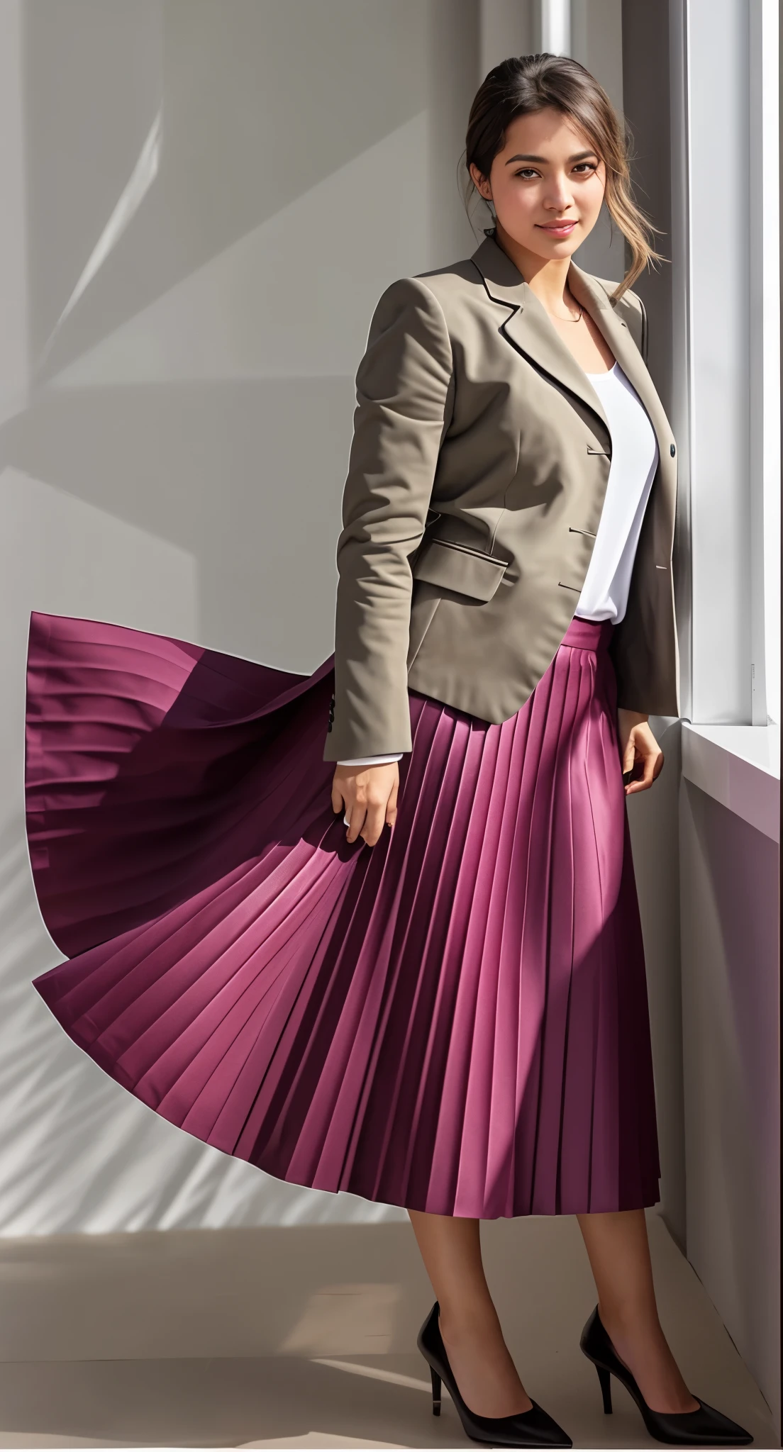 (flirty:1,3) smiling woman playing with skirt, dancing, wearing short blazer and very very detailed (long (fully pleated) full circle skirt) and (low heeled) office shoes, very very intricate hyper-detailed symmetric (attractive graceful young feminine face) with (sad, tired eyes and a shy smile), large breasts, full of empathy and compassion and love, (pronounced (feminine) features), (highly detailed ultra accurate realistic) hands and fingers, (windy conditions and wind blowing), epic composition, highly detailed attributes, highly detailed space station background, (35mm f1.4 Kodak portra 400 photograph), extremely high quality RAW photograph,