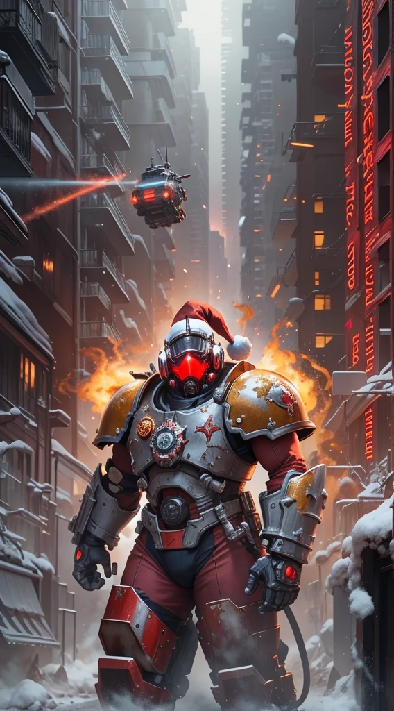 Warhammer 40K universe,cybernetic santa claus,Mechanical suit of red and gold armor,sparkly red color sunglasses,Intense war-like environment,Destroyed buildings and flames,The background is a futuristic cityscape,Santa hat,severe and threatening atmosphere,Sci-fi cyberpunk aesthetics,High contrast and desaturated tones,Dramatic and dynamic lighting effec quality,4k,highres,masterpiece:1.2),ultra-detailed,(realistic,photorealistic,photo-realistic:1.37)