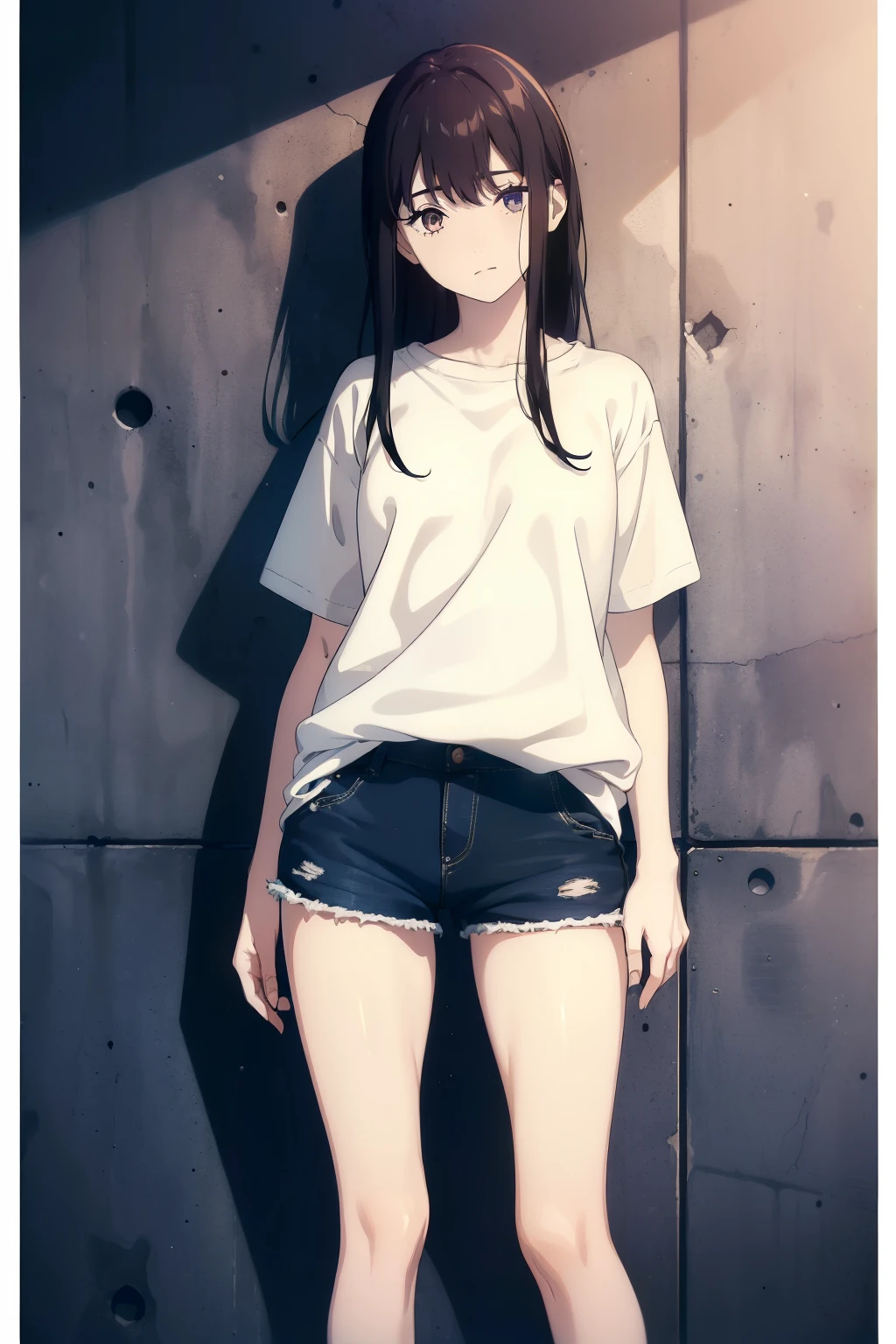 ((((Obra maestra, La mejor calidad, ultrahigh resolution)))), 1girl, standing, (baggy white t-shirt, loose fitting blue shorts, long back hair, long dark black hair, pale skin