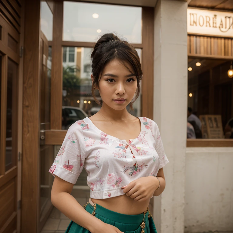 photo of a beautiful Indonesian woman with a traditional dancer style, adorable beautiful face with flawless make-up, hair in a bun style, wearing a dark green buister with a batik skirt and slingback decoration