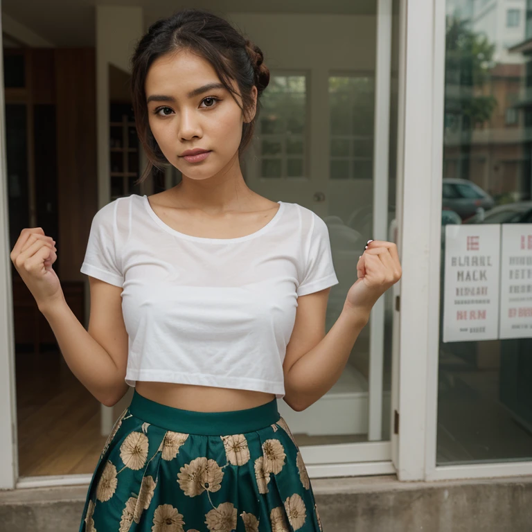 photo of a beautiful Indonesian woman with a traditional dancer style, adorable beautiful face with flawless make-up, hair in a bun style, wearing a dark green buister with a batik skirt and slingback decoration