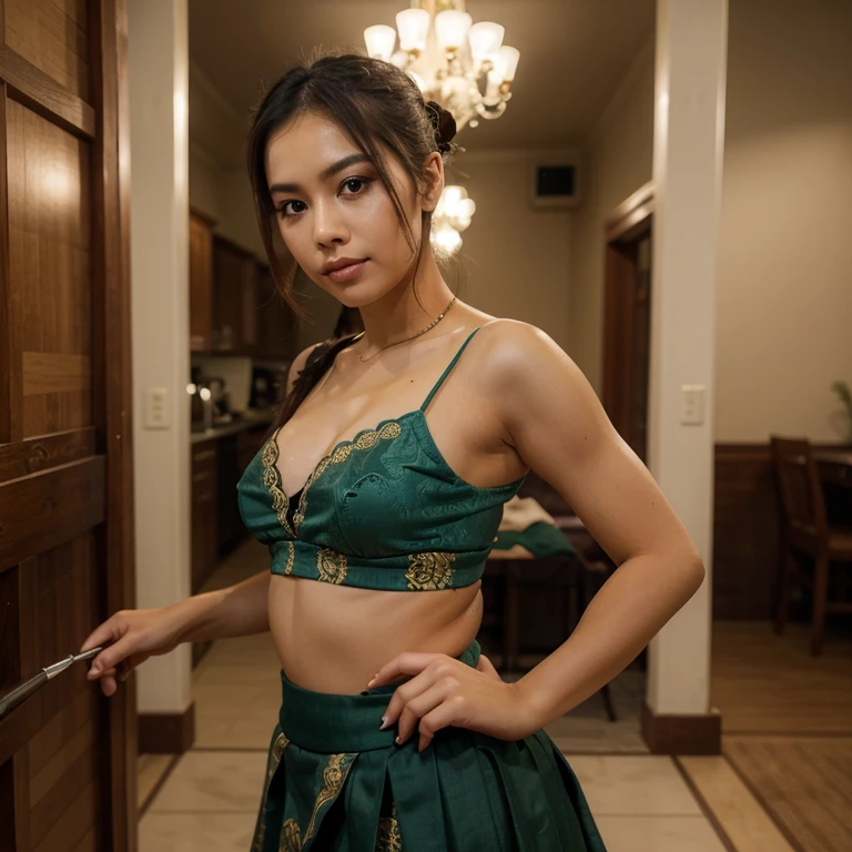 photo of a beautiful Indonesian woman with a traditional dancer style, adorable beautiful face with flawless make-up, hair in a bun style, wearing a dark green buister with a batik skirt and slingback decoration