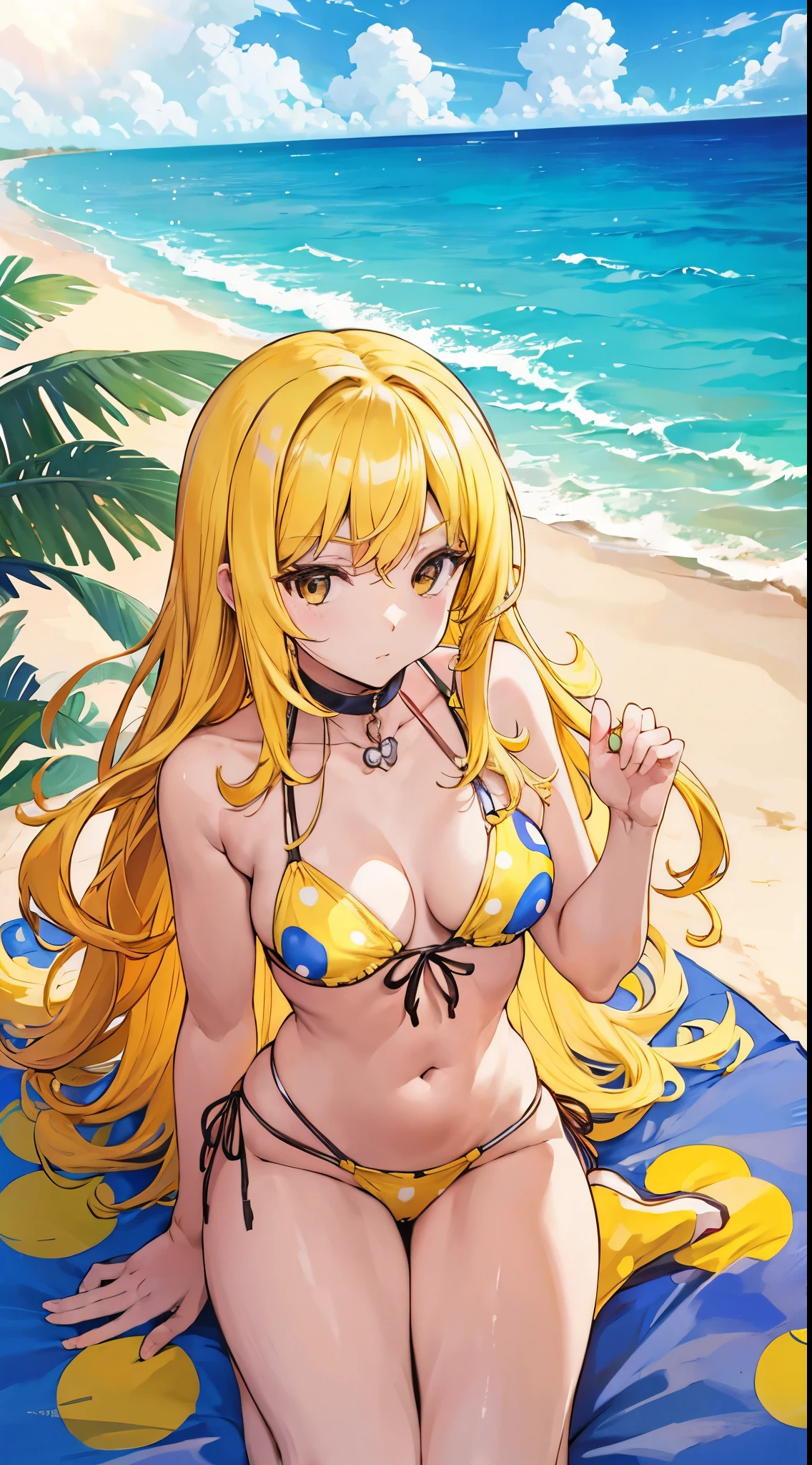 (masutepiece, Best Quality) Beautiful angel woman, Long Blonde Hair, ITSY Bitsy ie Winnie Yellow Polka Dot Bikini, On the beach, Vibrant colors