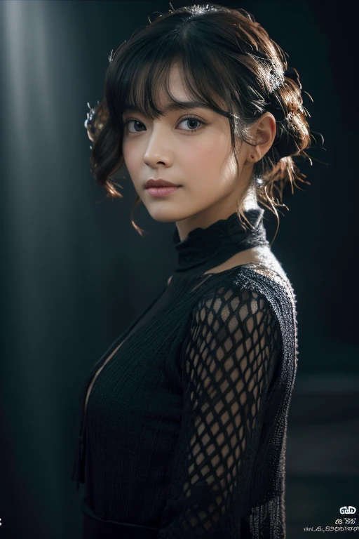 1girl, 175cm,Japanese model ,27 years old, Soft body, Jet black medium-short hair, Wavy hair, Upper half body, ((Head to belly)) ,Close-up, 8K, RAW photo, Best quality, Masterpiece, photo-realistic, little bit fantasy, animation, Cute(Front focus), (In the dark:1.6), Surrealistic Female Portraits by David Hockney and Alphonse Mucha, Fantasy art, photograph realistic, Dynamic lighting, art stations, poster for, volumetric lighting, Very detailed faces, 4 k'', Award-Awarded, , In the dark, deepshadow, low tune, knit wear, (official outfit:1.4),don't show her body skin,