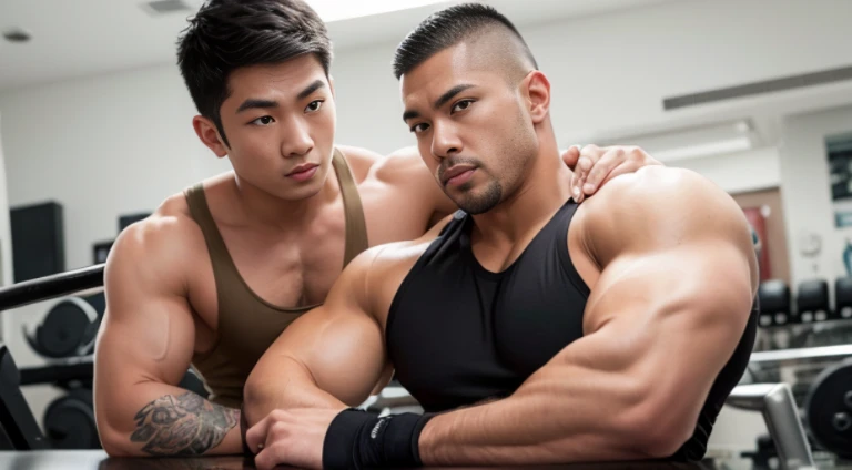 2 people, gay, Bedroom, Korean guy and Japanese guy are having sex, bodybuilder, muscular body, big muscle, Natural eyes, short and delicate hair, Sexy man, Sensual, Face to face, Large protrusions, erection, Muscular posture, Naked, masterpiece, Best Quality