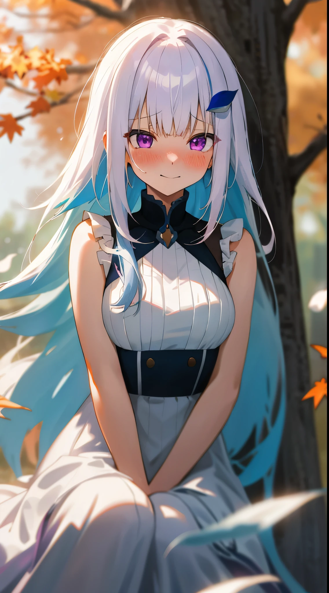 One girl with long hair, bangs, white hair, blue inner hair:1.25) , purple eyes, looking at viewer, blushing, little smile, embarrassed, tears, white dress, sleeveless, outdoor, tree, fall season, dizzy, mid-chest, day atmosphere, hair ornament, sitting, medium breasts, upper body, focus, blurry background