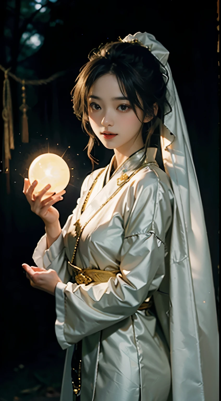 in the form of anime, A mysterious young woman holds a glowing orb of light that emits a soft glow., Shining brightly on her flawless appearance.. The setting is quiet., The moonlit forest and her attire are an elegant blend of traditional Asian culture and futuristic fantasy.. Every detail of her face and outfit is presented in extreme close-up.,The level of detail is extraordinary.. The artist: Alex Soth